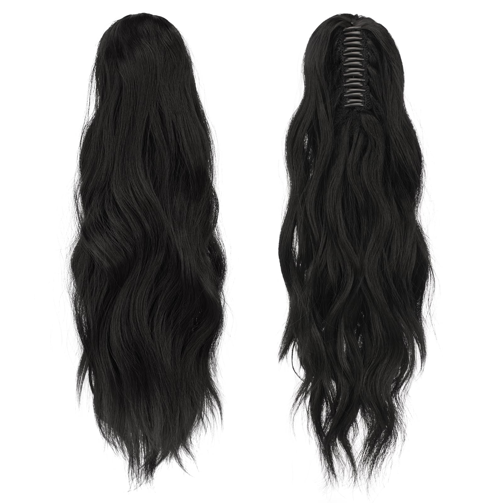FESHFEN Falowany Przedłużenia Włosów z Pazurem - Długie Koński Ogon Clip in Przedłużania Kucyka Naturalny Wygląd Syntetyczne Włosy Kucyk Ponytail Extension dla Kobiet, 50 cm Zgaszona Czerń