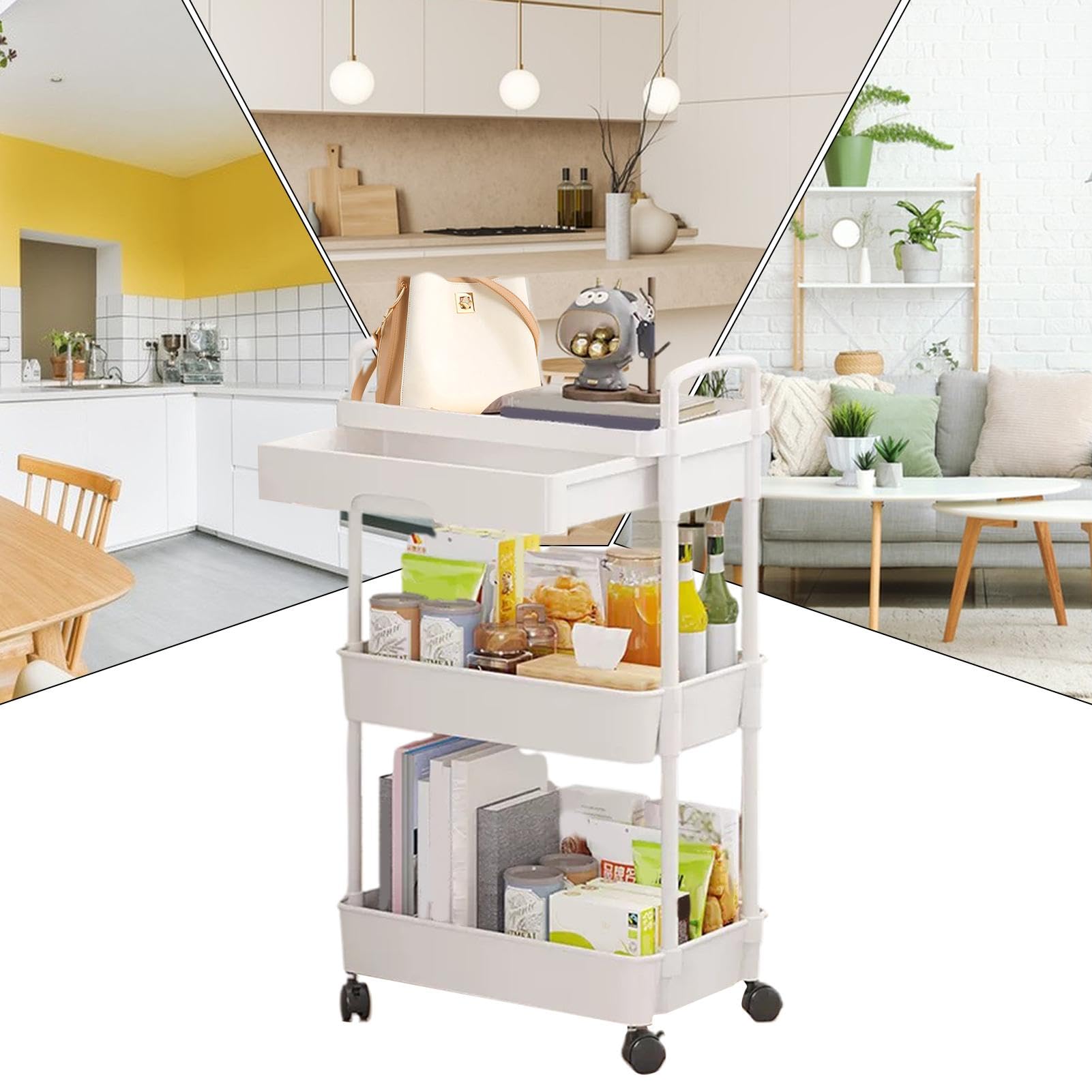 Carrito utilitario de 3 niveles, carrito de almacenamiento con | cajones, carrito de almacenamiento portátil rodante, carrito utilitario compacto multiusos para cocina, dormitorio, sala de e