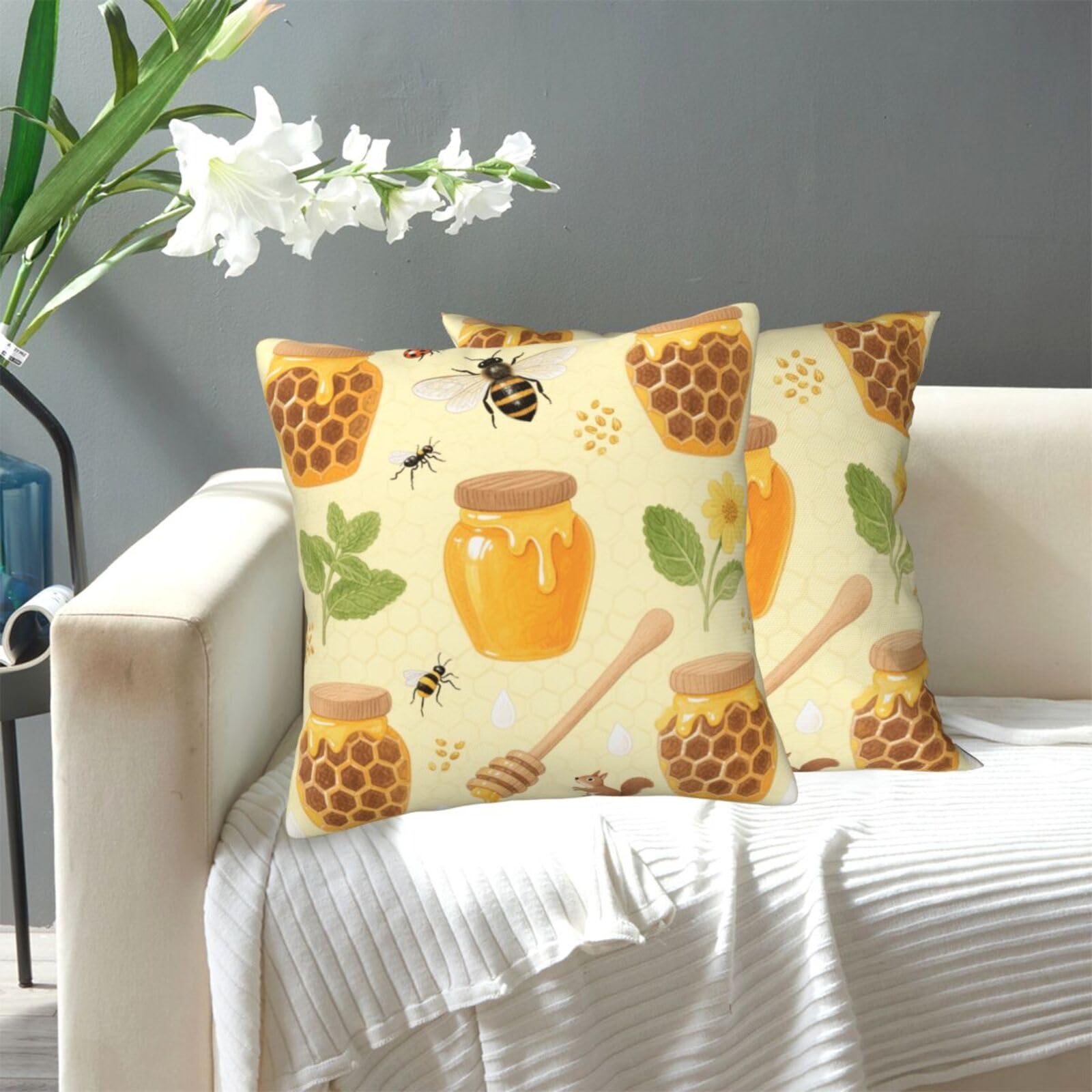 FekiLoot Decorative Throw Pillow Covers Modern Farmhouse Pillowcase Double Sided Cozy Cushion Cover for Sofa Couch Bed 16"X16" Bees and Honey