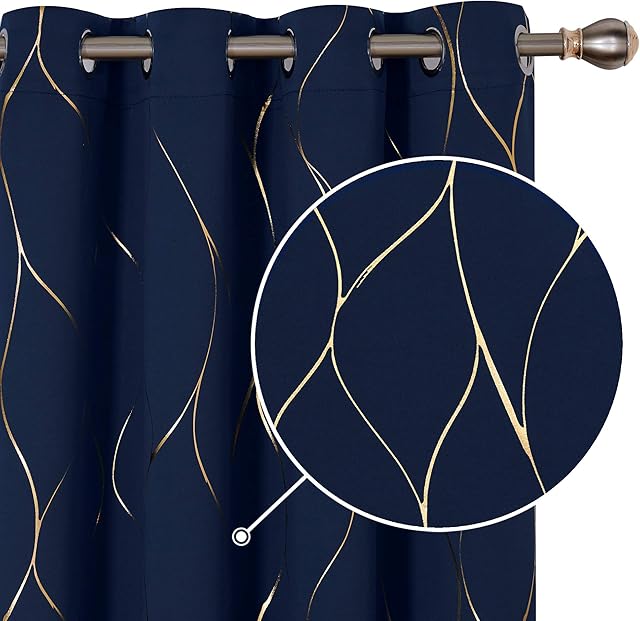 Deconovo Thermal Insulated Blackout Curtains, Gold Wave Foil Printed Eyelet Curtains for Bedroom 46 x 72 Inch (Width x Length), Navy Blue, One Pair