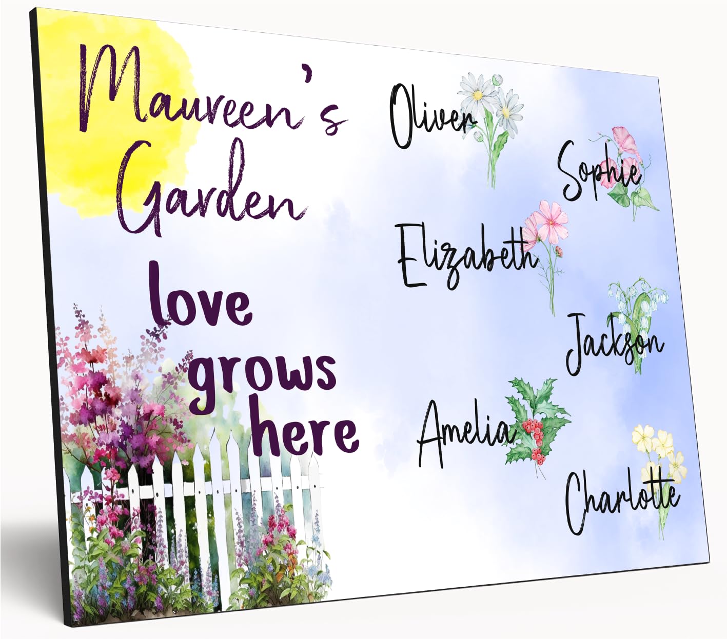 The Plum Penguin Multicolour Personalised Birth Month Flower Sign Grandma's Garden Custom A4 Wooden Wall Art Rustic Garden Design Watercolour Custom Plaque For Mums