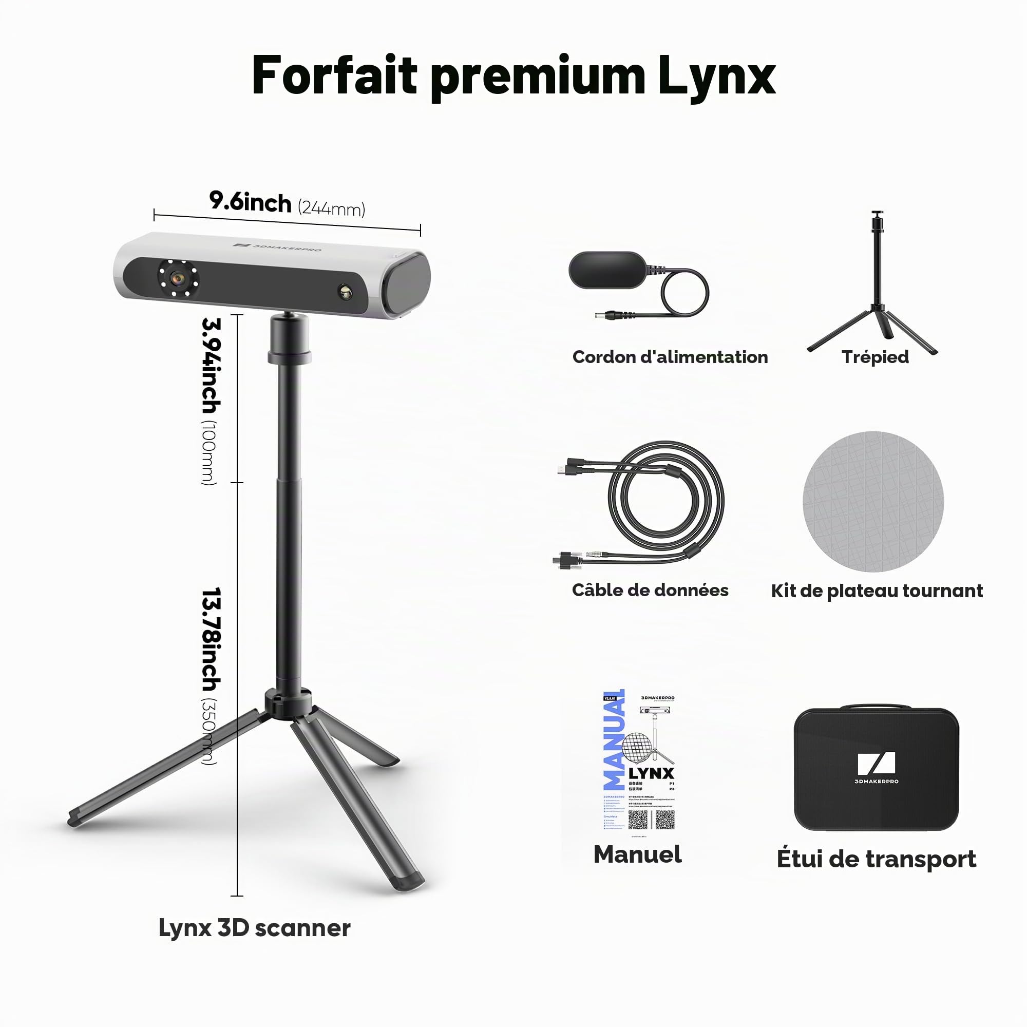 Scanner 3D Lynx 3DMakerpro 0,1 mm de précision et vitesse de numérisation 10 FPS Scanner portable 3D avec algorithme d'alignement intelligent sur grande surface - Paquet Premium