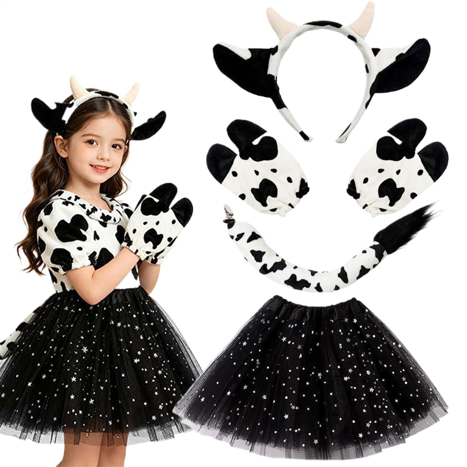 Kids Cow Costume | Girls Outfit Set with Cow Headband Tail Gloves - Princess Tutu Dress - for Cosplay Party Concert Carnival Masquerade School Event