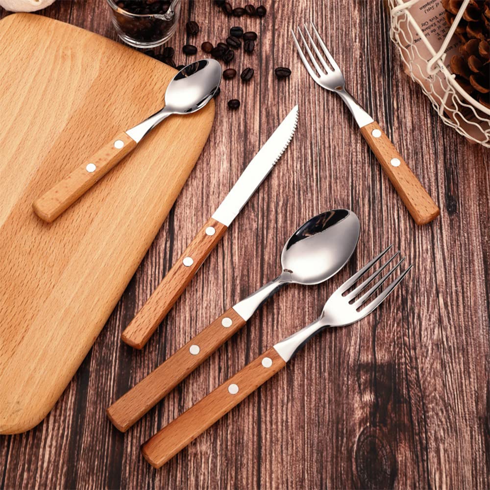 Besteck Set, Steak Besteck Set Lebensmittelechtes Edelstahl-Besteck Set 6 Personen, 30-teiliges Geschirr,Griff aus Holz Essgeschirr für Zuhause und Restaurant, Hochzeit, Halloween, Weihnachten