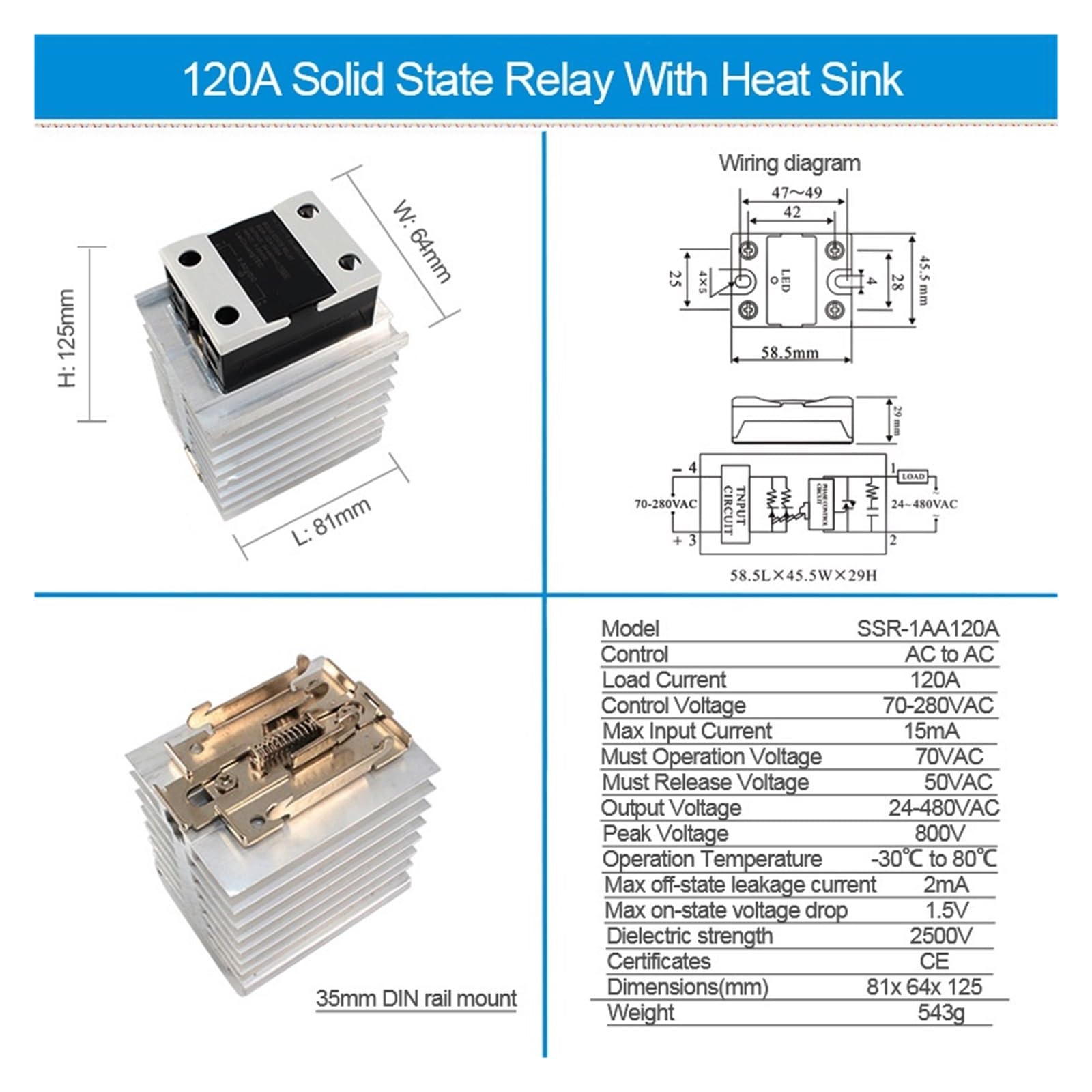 Relé de estado sólido AC a AC 10A 25A 40A 60A 80A 100A 120A SSR con disipador de calor, relé industrial de montaje en Riel DIN (Size : AC-AC 80A)