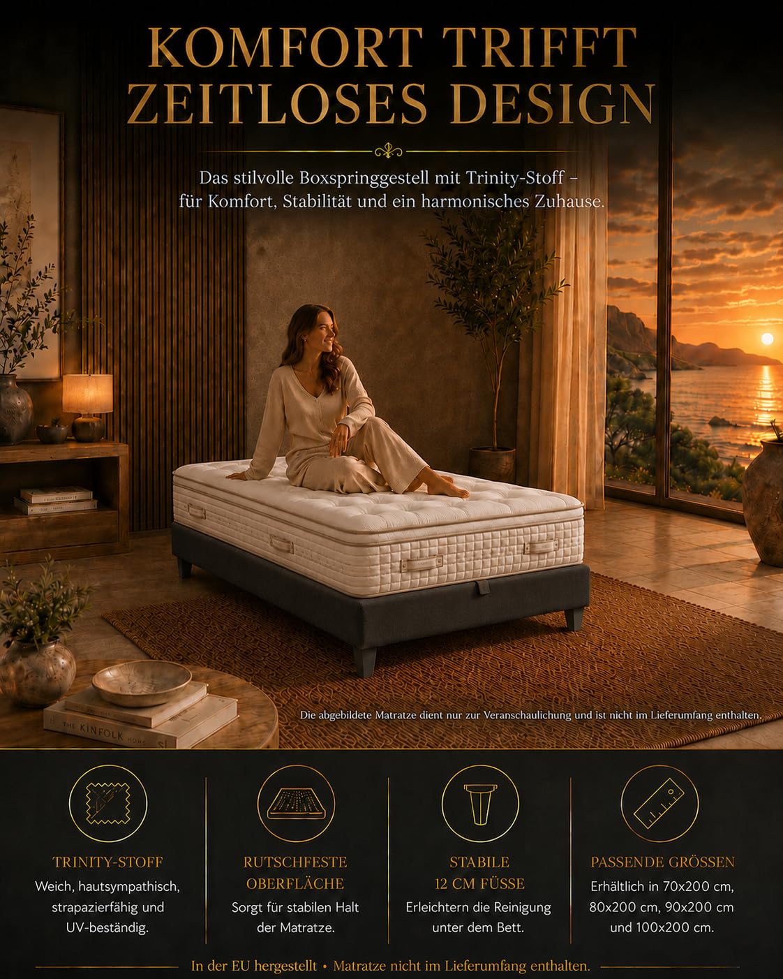 BoxspringbettGestell 90x200 | Gepolsterter Bettrahmen ohne Matratze | Modernes Einzelbett mit 12 cm hohen Holzfüßen | Wasserfestes & Strapazierfähiges BoxspringrahmenBett