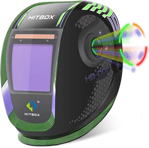HITBOX Casco de soldadura de oscurecimiento automático, 3.94 x 3.74 pulgadas, visión súper grande, capilla de soldadura de color real, 4 sensores de