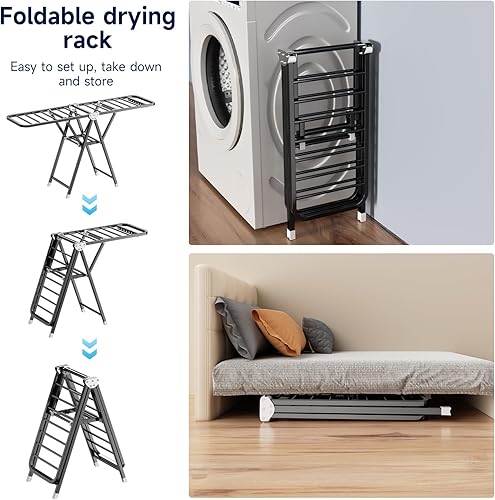Miniatura 4 de MIKEE Estante de secado de ropa, de acero inoxidable, plegable, para uso en interiores y exteriores, con alas de altura ajustable, 2 niveles con