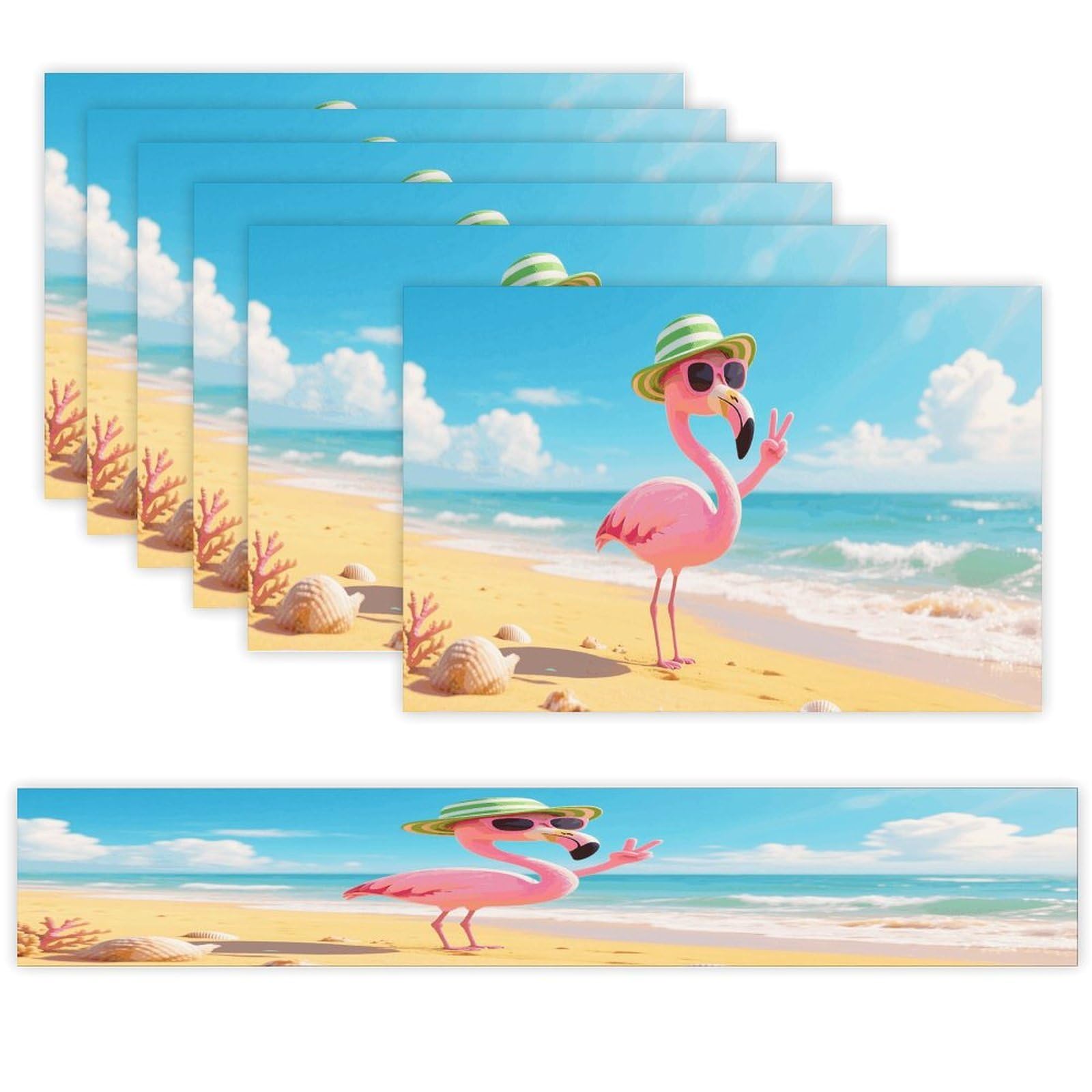 Flamingo Table Runner and Placemats Set of 7 Linen Table Mat Non-Slip Place Mats Washable Placemat Heat Resistant Place Mat with Table Runner for Party Dining Decor
