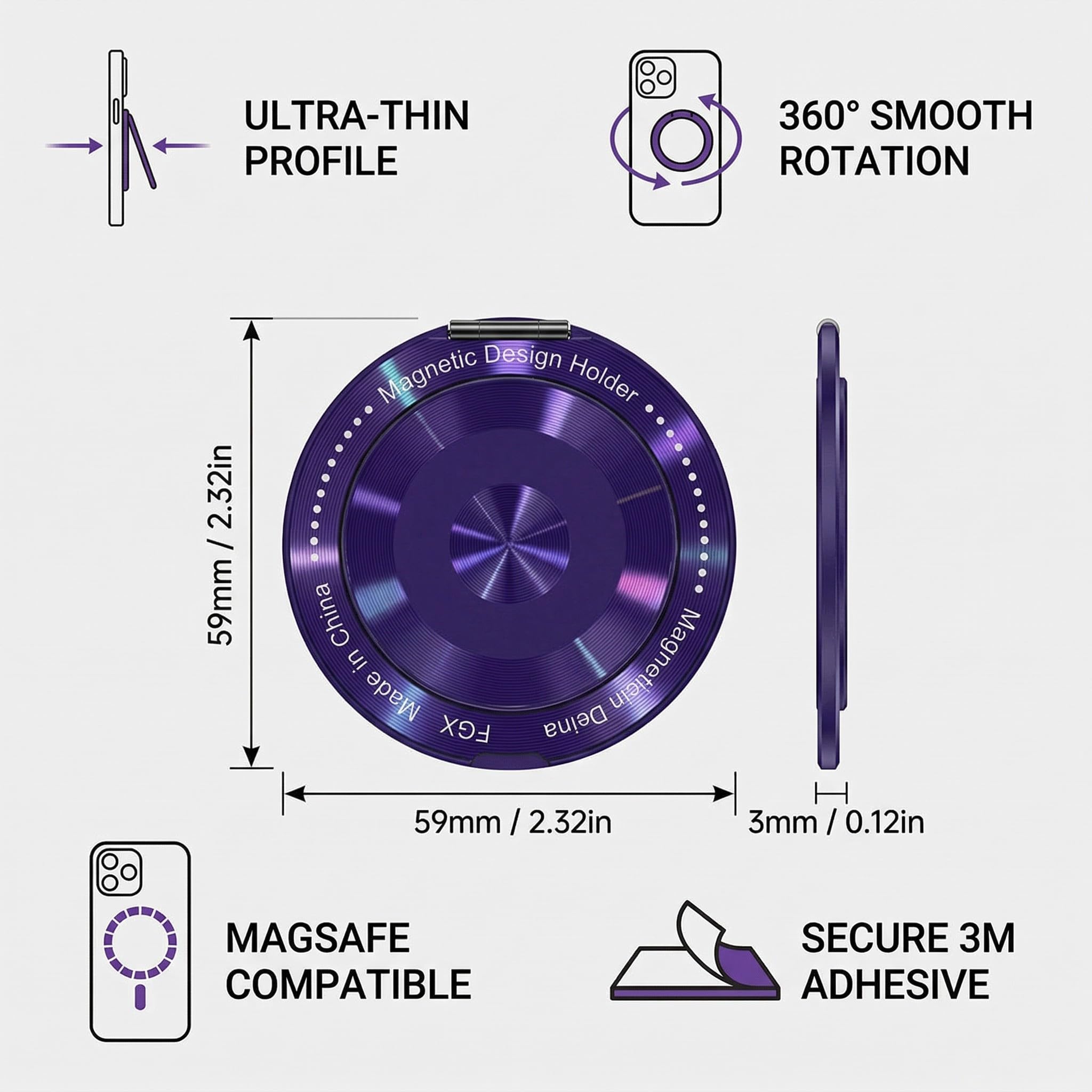 IEBTAWN LYITZW 1 Anello Cellulare Universale,Supporto Telefono Rotazione 360°,Impugnatura Sicura per Mani Libere,Angolo Regolabile per Visione Desktop,Videochiamate e Apprendimento Online, Viola