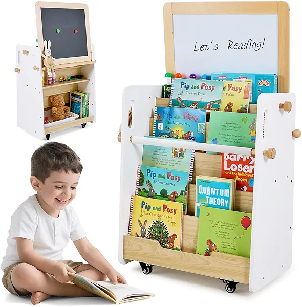 Kids Bookshelf & Easel & Toys Storage Organizer with Wheels, 3-in-1 Wooden Art Easels with Chalkboard & Whiteboard for Toddlers, 5-Tier Montessori Book Shelf for Kids Rooms, Bedroom, Nursery, Playroom