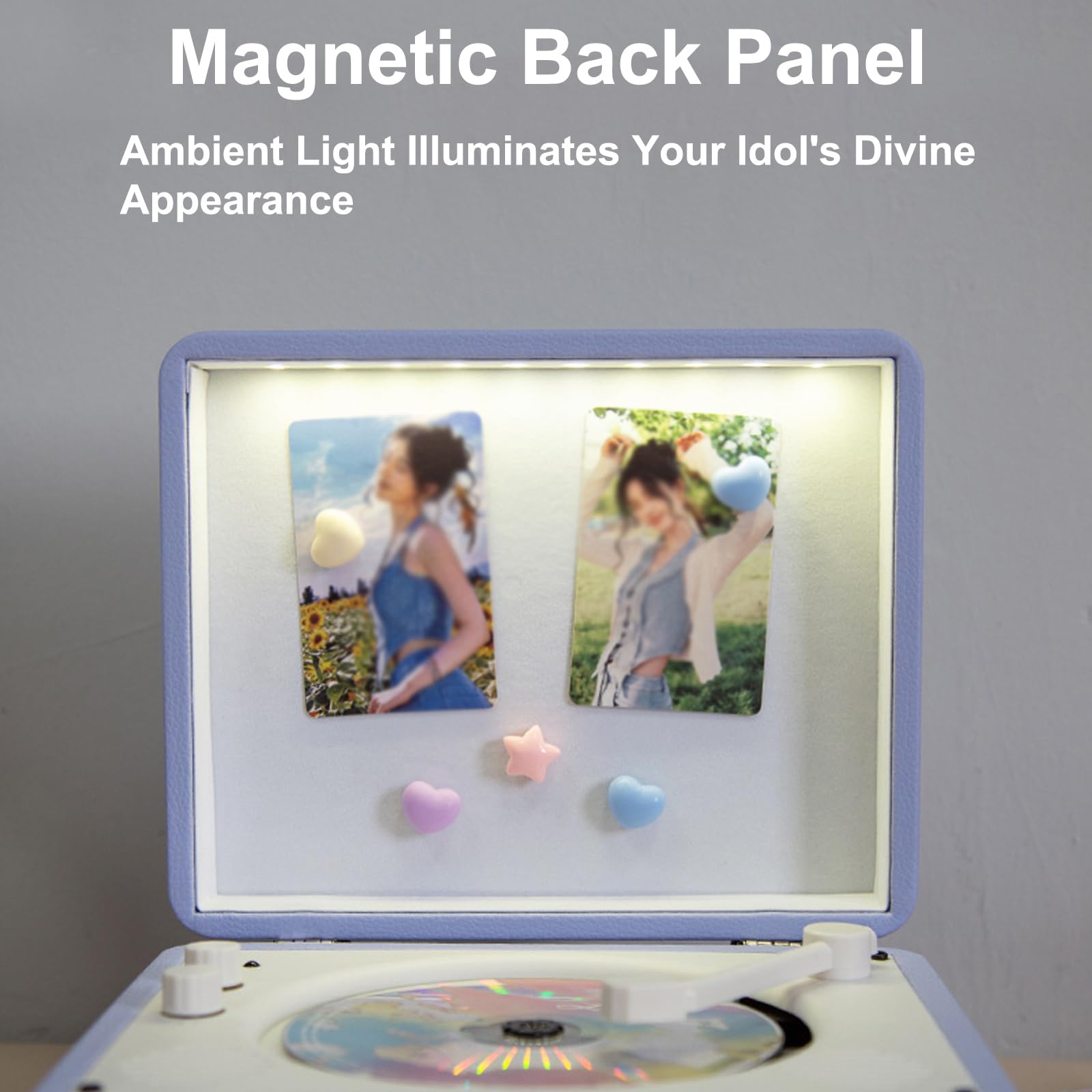 Lettore CD con pannello posteriore magnetico e luce ambientale, doppi altoparlanti integrati, controllo manopola, si collega a cuffie e tablet per la riproduzione di musica
