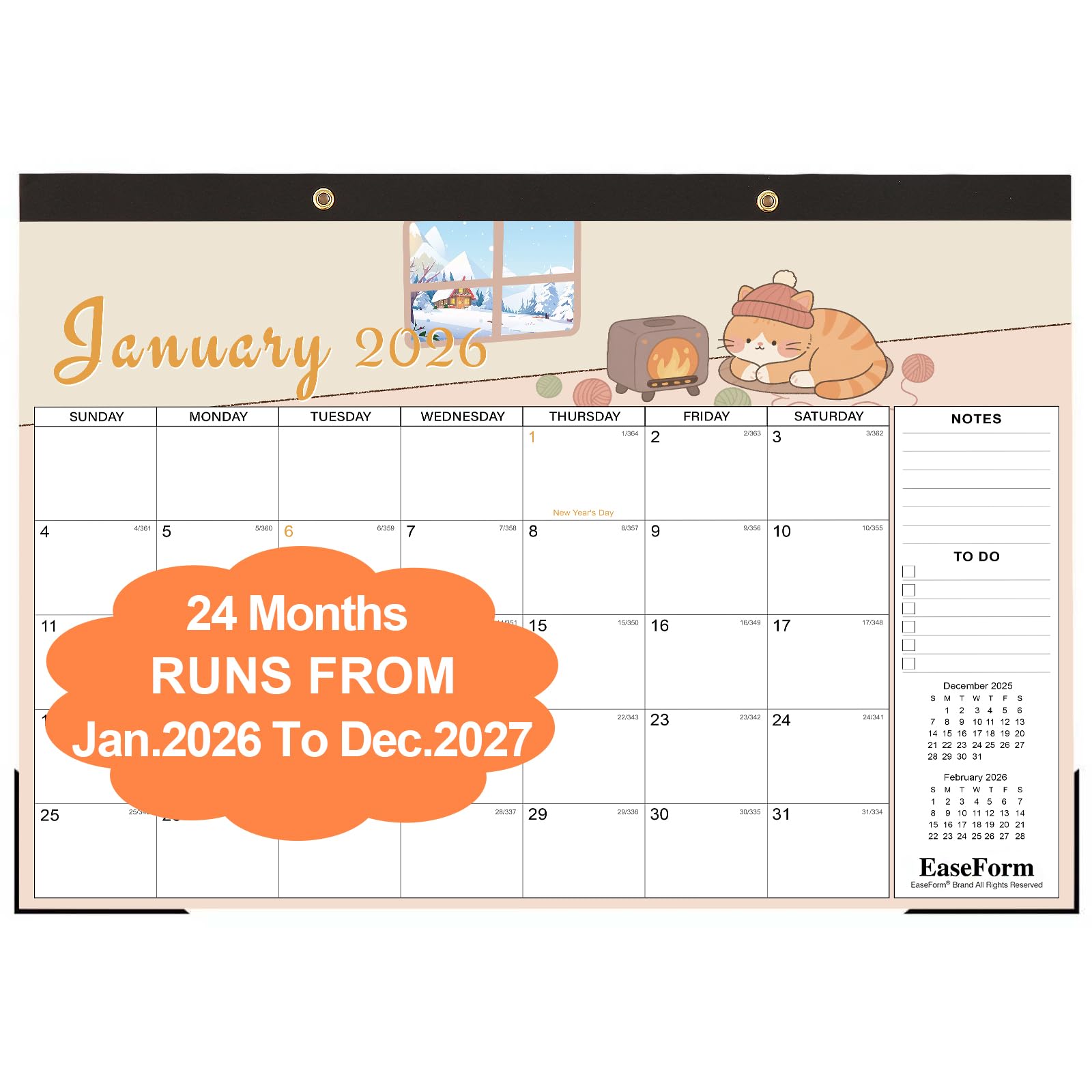 24-Monats-Schreibtischkalender 2026–2027, großer 43,2 x 30,5 cm Desktop/Wand-Monatskalender von Januar 2026 bis Dez. 2027, 2-Jahres-Kalender mit Notizen und To-Do, für Zuhause, Schule oder