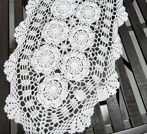 Vista 14 de Damanni Tapete ovalado de algodón hecho a mano con encaje de ganchillo, 15 x 43 pulgadas, color blanco
