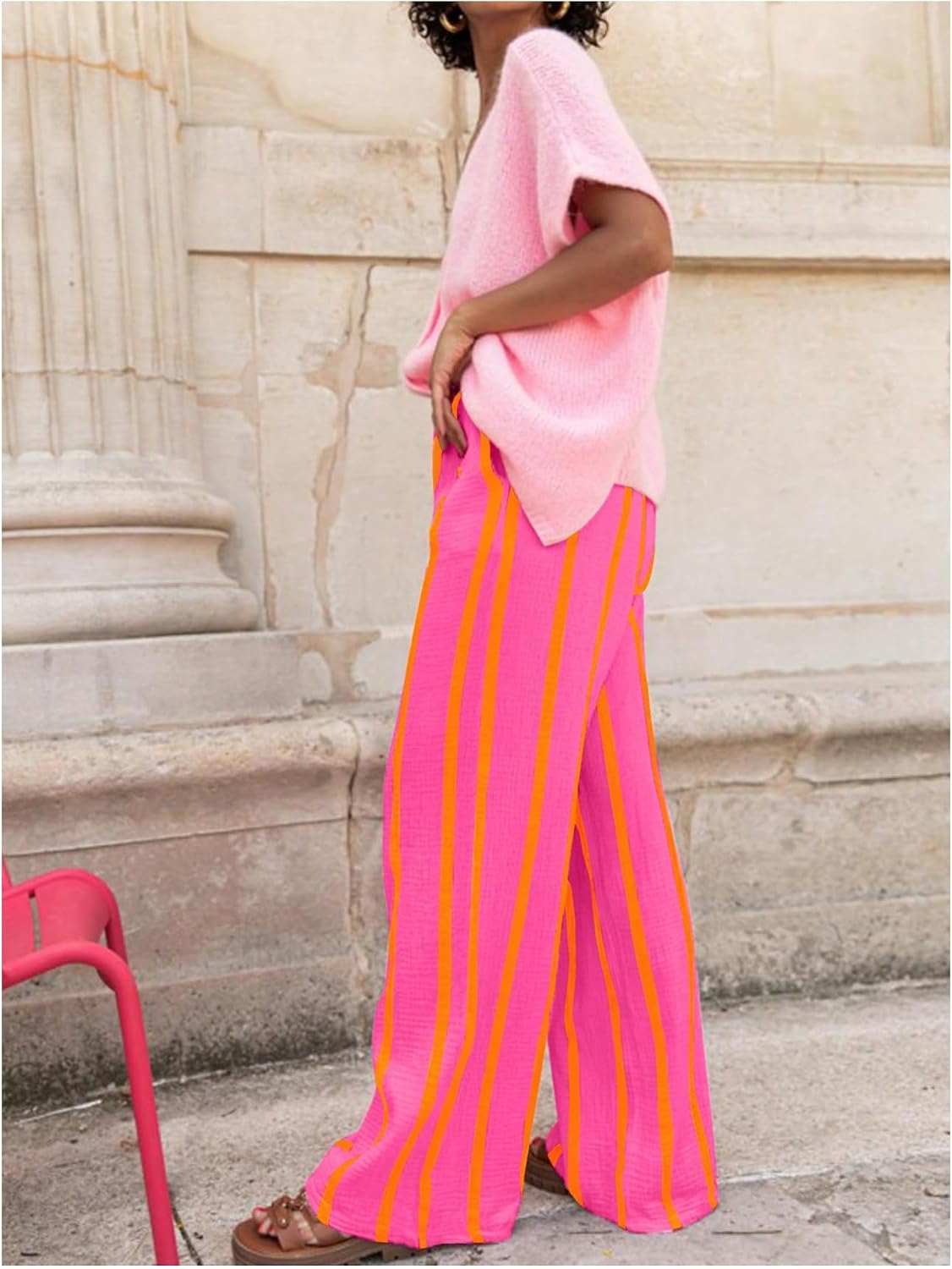 SHENHE Women's Summer Striped Wide Leg Pants Elastic High Waisted Casual Loose Pants Trousers