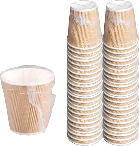 Paquete de 50 vasos de papel caliente de papel de estraza de 10 onzas envueltas individualmente, con pared ondulada, de alta calidad, desechables,