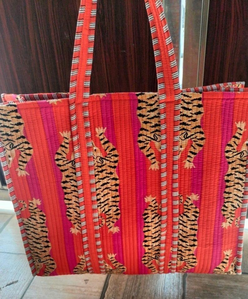 Image of YILLE Cotton Quilted Floral & Tiger Print Tote Bag, 18 x 18 inches For Grocery Shopping, Travel