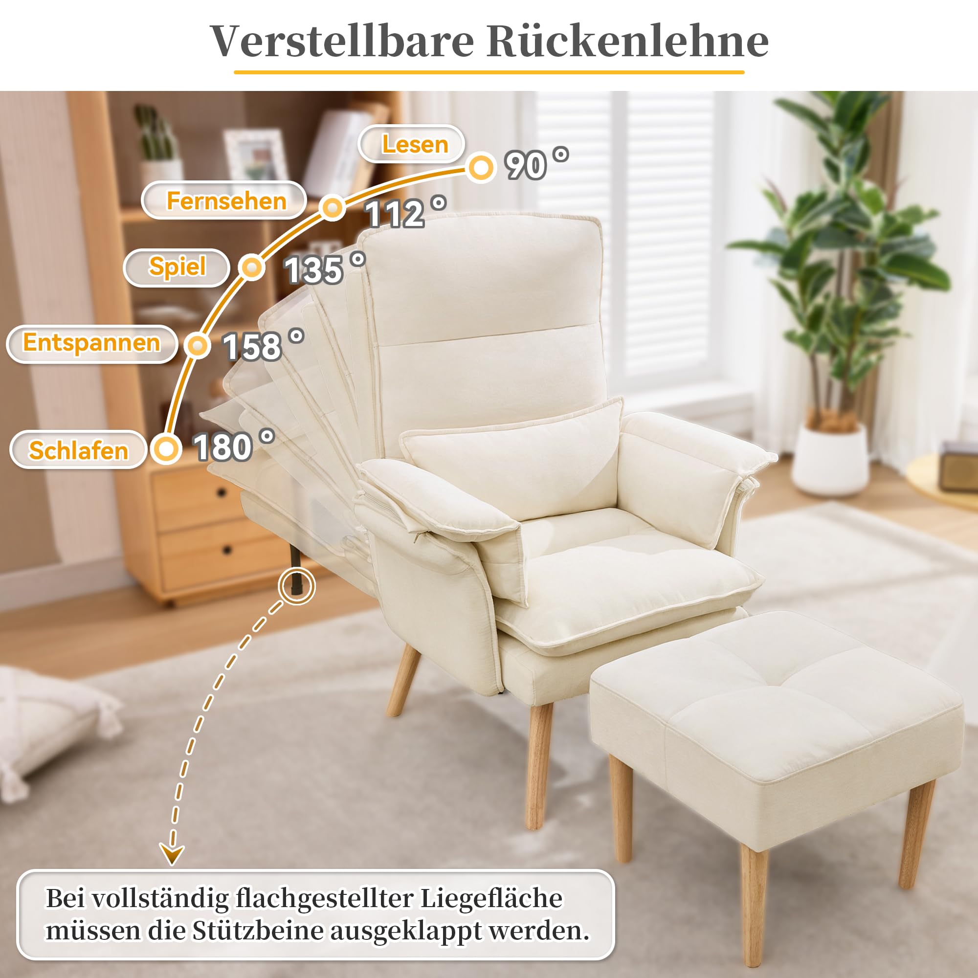 BTM Relaxsessel mit Hocker 5-Fach Verstellbarer Sessel Wohnzimmer Lesesessel mit Kopfstütze, Armlehnenkissen Beige