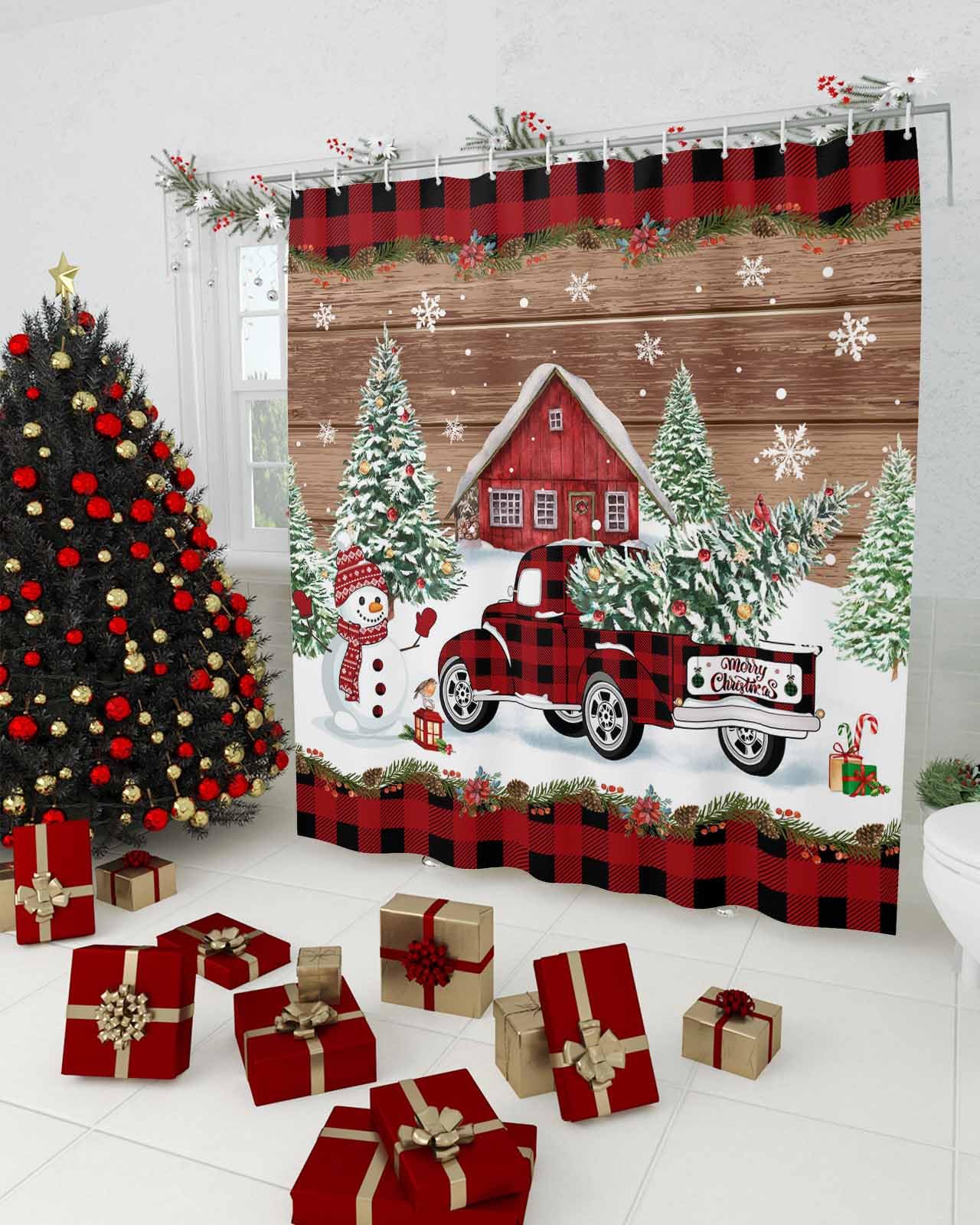 Weihnachts-Duschvorhang „Merry Christmas Tree Red Truck“ – Wasserdicht, 183 X 183 Cm, Mit 12 Haken, Für Festliche Badezimmer-Deko