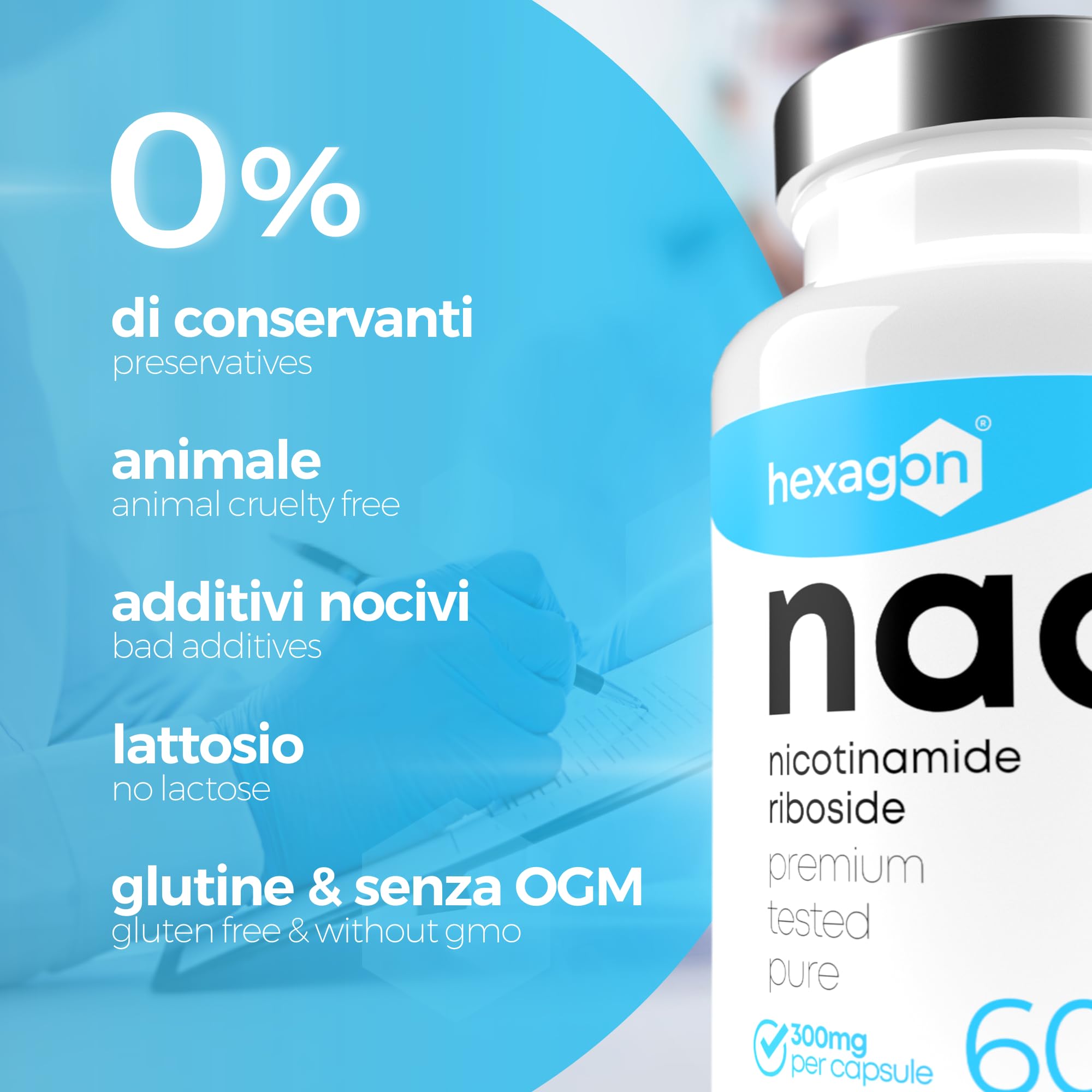 NAD+ Nicotinamide Riboside Cloruro 300mg - +2 Mesi di Cura - Booster NAD - Anti-Età e Anti-Fatica - Made in France - 60 capsule vegetali - Vegan - Hexagon