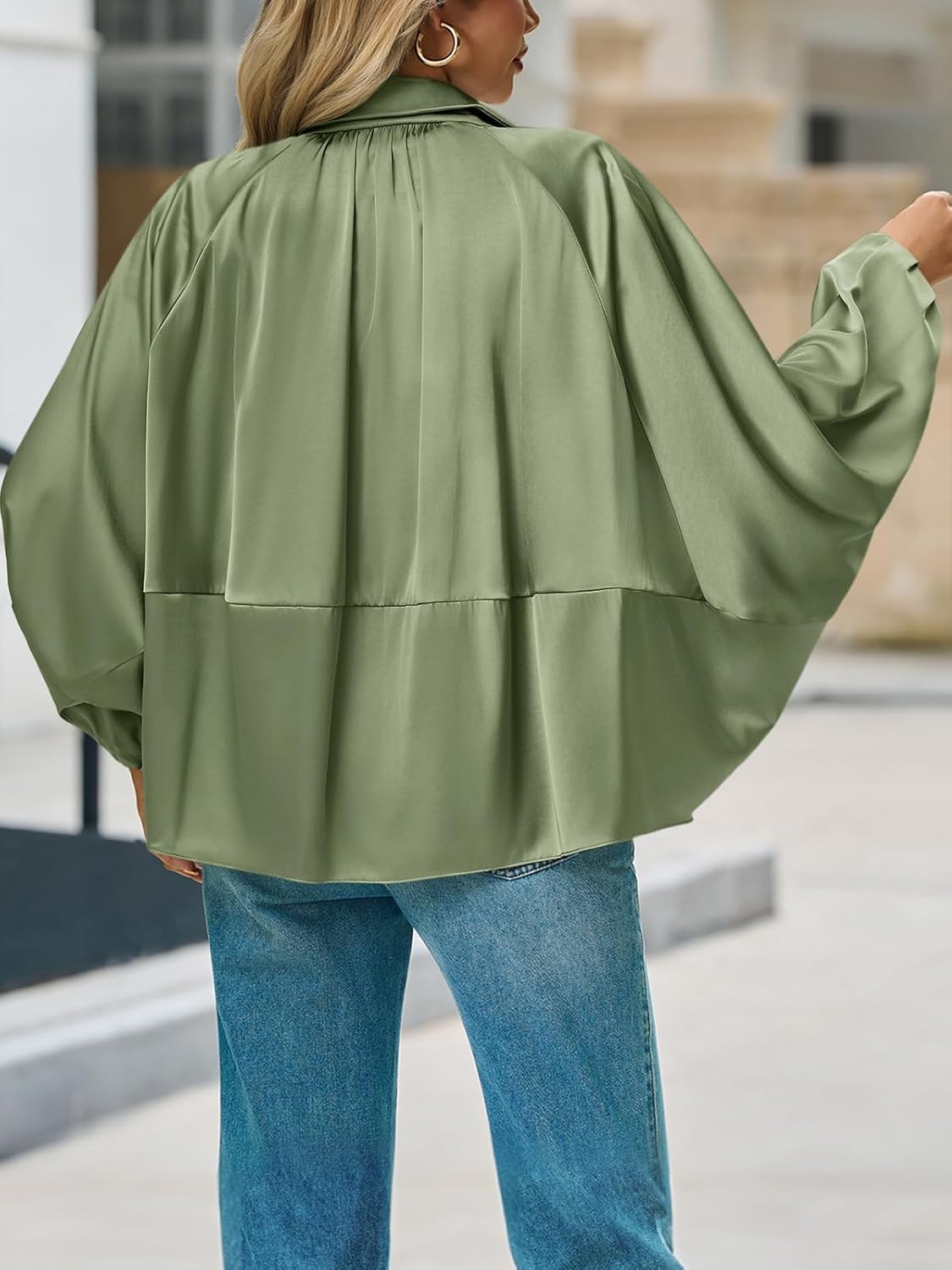 Tankaneo Womens Bomber Jackets Oversized Batwing Sleeve Zip Up Puffed Jacket Lapel Collar Pleated Outerwear - Image 3