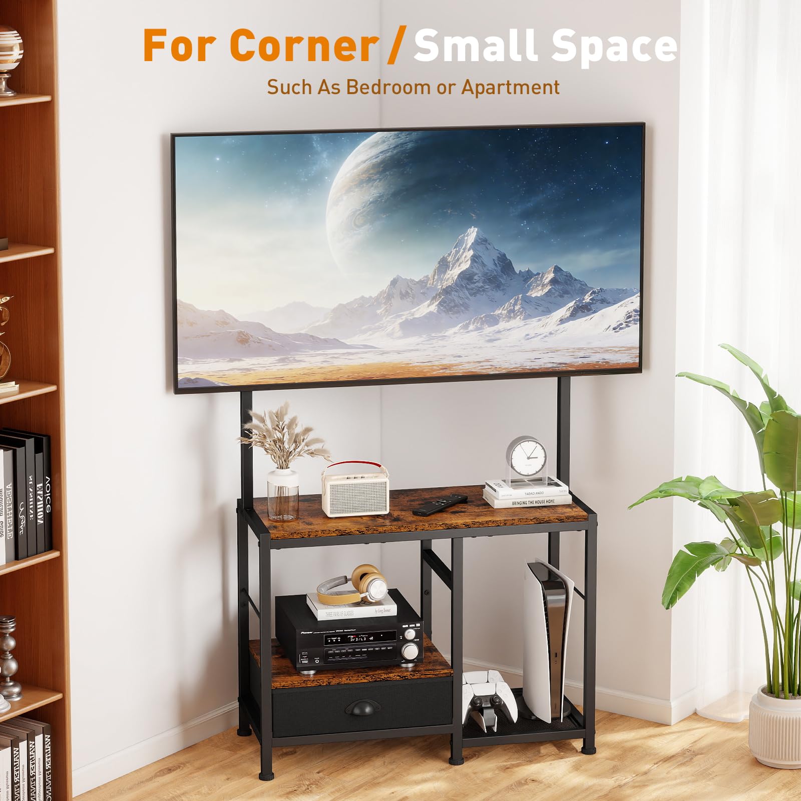 ikkle TV-Ständer für 32- bis 55-Zoll-Bildschirme, Verstellbarer Fernsehständer mit Halterung, TV-Konsolentisch mit Ablagefach und Schublade, Kleiner TV-Ständer für Schlafzimmer und Wohnzimmer, Braun