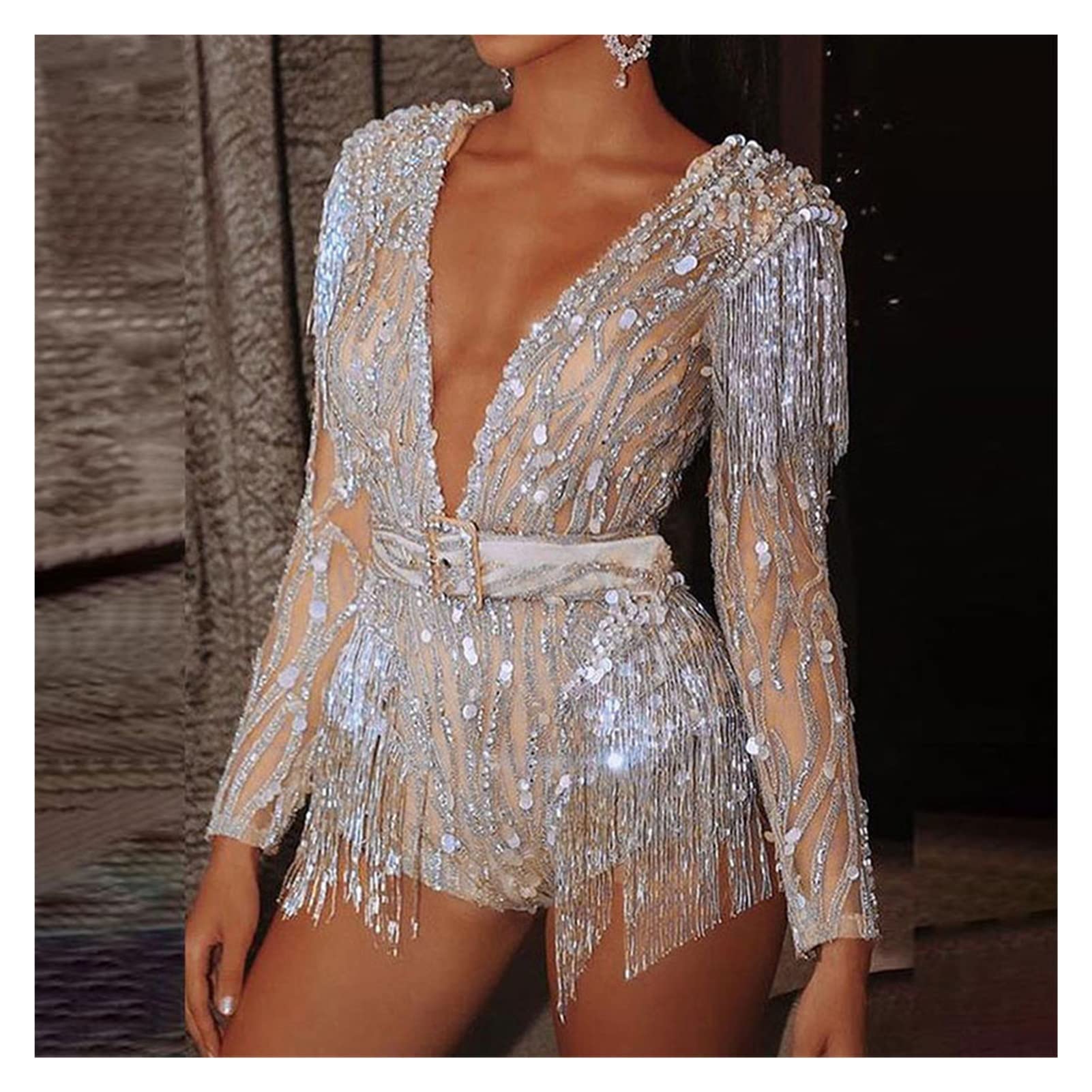 Wąskie pajacyki i kombinezony damskie z długim rękawem i dekoltem w serek Bodycon Tassel Sexy (kolor: A, rozmiar: kod XL)