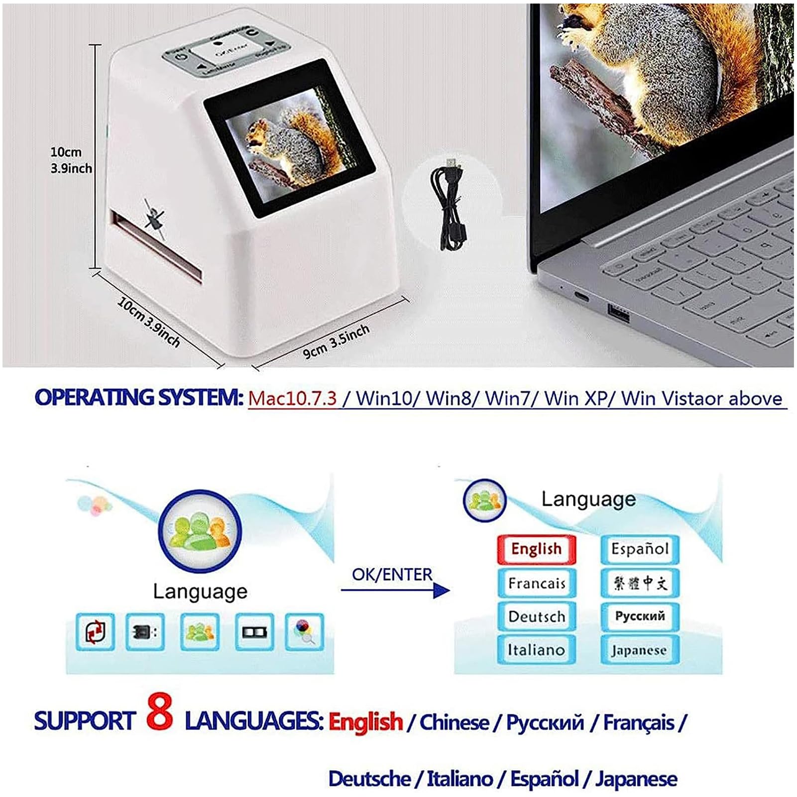 Scanner de films et de diapositives, stockage sur carte SD 32 Go, écran LCD de 2,36 pouces, convertisseur de film diapositive 35 mm/135 mm, prend en charge l'édition et la lecture