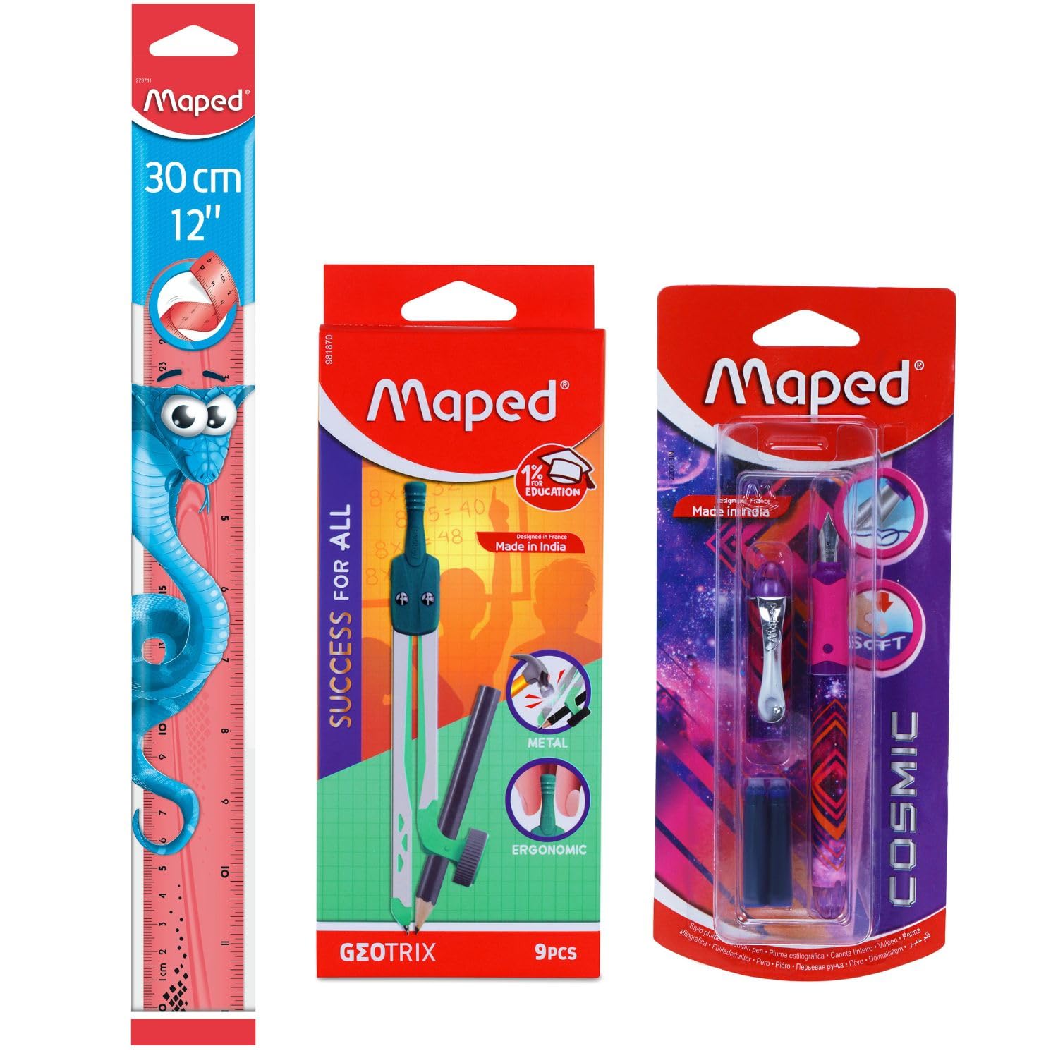 Maped Geotrix Schreibwaren-Set, 3er-Set, Mathematik-Set mit Füllfederhalter und Twist-N-Puls-Lineal, 1-Stop-Schreibwaren für Studenten und Profis, ideal zum Lernen und Präzision, wiederverwendbarer