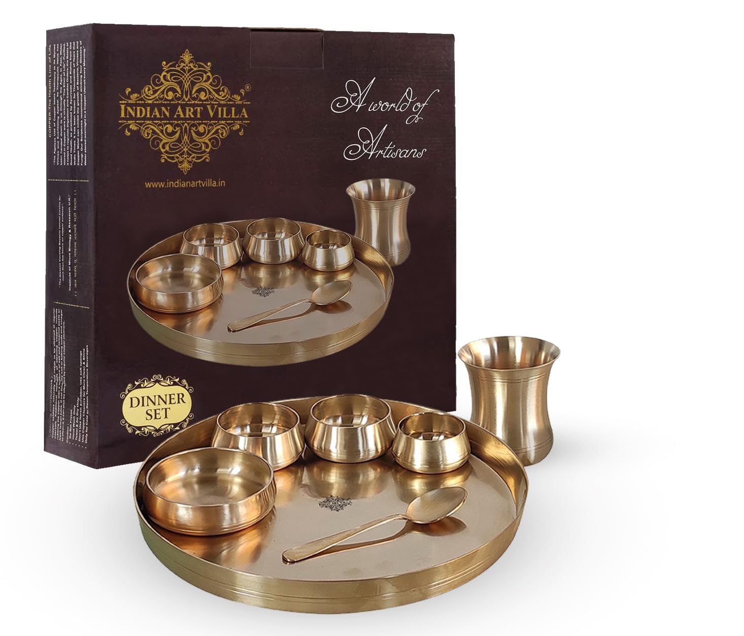 INDIAN ART VILLA Bronze Dinner Set, Shine Finish Curved Design Thali Set - 7 Pieces
