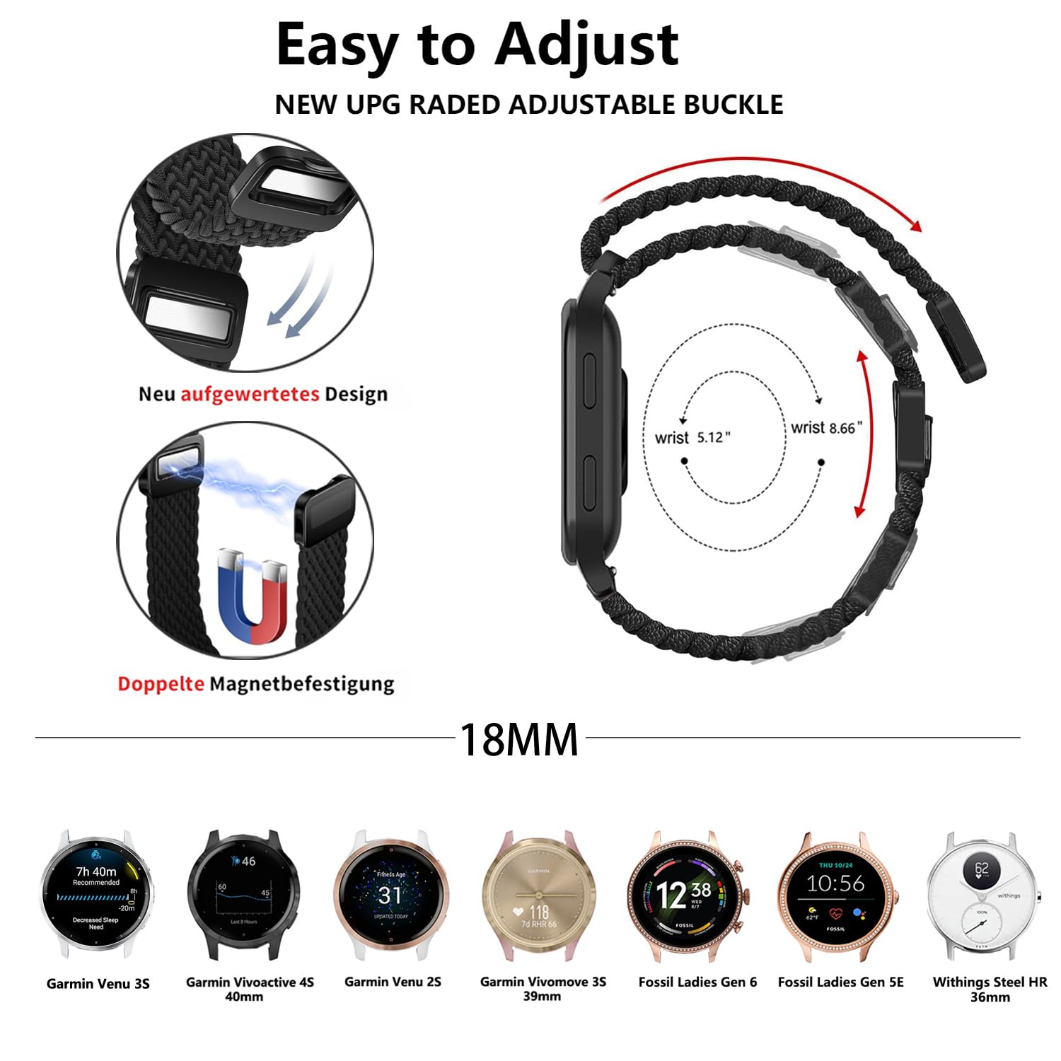 VELULYX Nylon Braided band Compatible with Garmin Venu 2S/Venu 3S/Vivomove 3S/Vivoactive 4S, 18MM Elastic Magnetic Buckle Band for Fossil Ladies Gen 6/Gen 5E/Fossil Ladies Q Venture HR Gen 4/Gen 3 - Image 3
