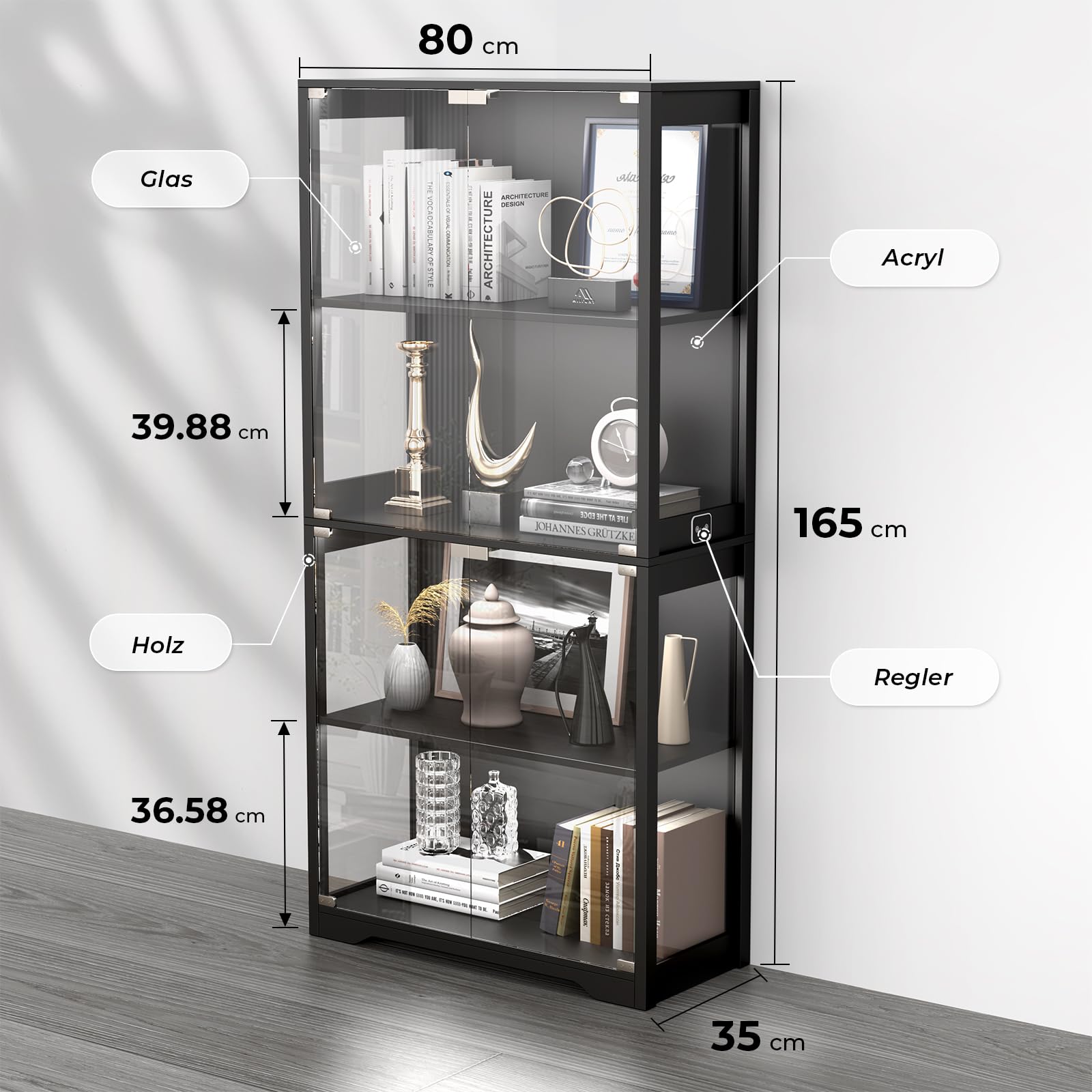 BROTTAR Beleuchtete Glasvitrine mit LED Sensor, moderner Vitrinenschrank & Standvitrine, 4 Etagen Sicherheitsglas Vitrine für Lego, Figuren und Sammlungen, Schwarz
