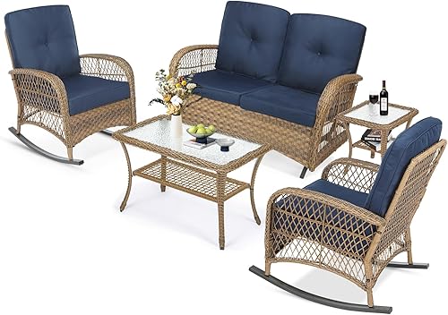 Miniatura 25 de MEETWARM Juego de 3 piezas de mimbre giratorio para patio al aire libre, mecedoras, juegos de muebles de patio de ratán con cojín grueso y mesa