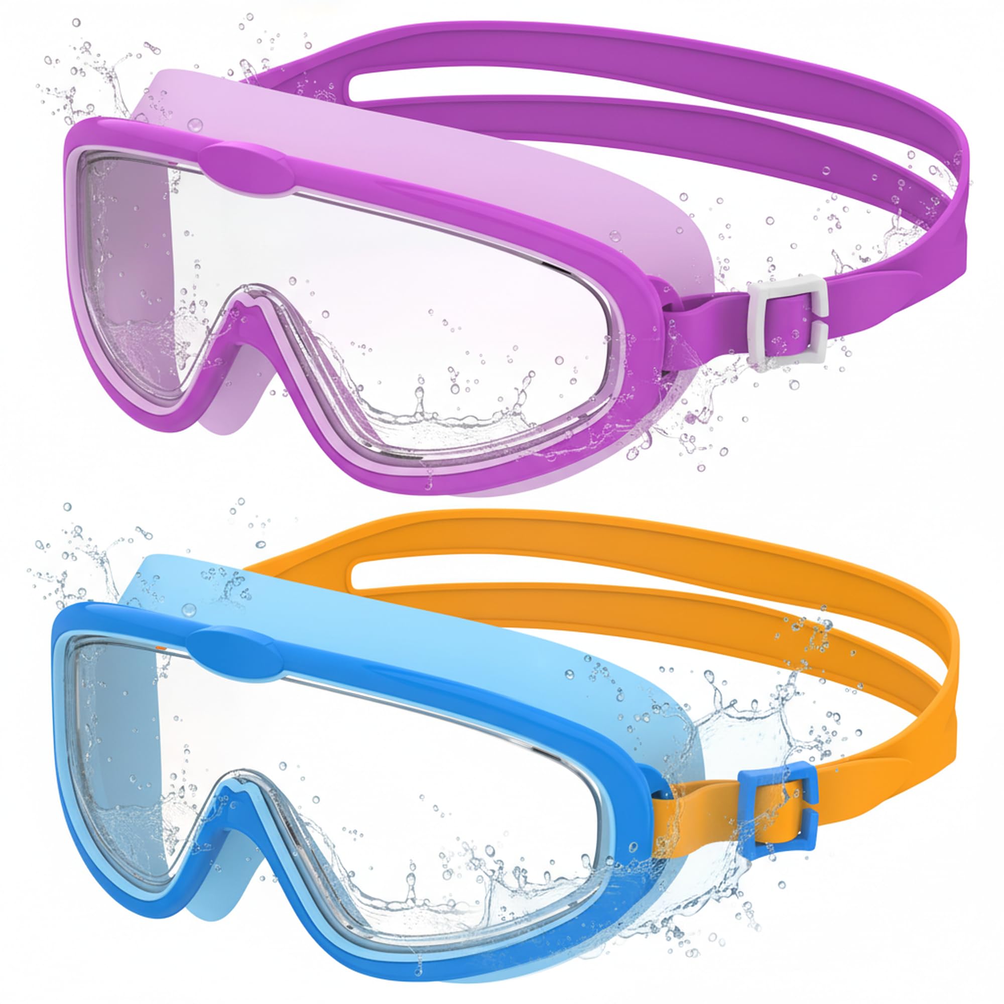 2 Pcs Lunettes de Natation à Grand Cadre pour Enfants, Masques Anti-Buée à Vision Claire, Protection UV, Réglage Rapide, Joint en Silicone, Lunettes Unisexes pour Enfants et Adolescents de 3 à 14