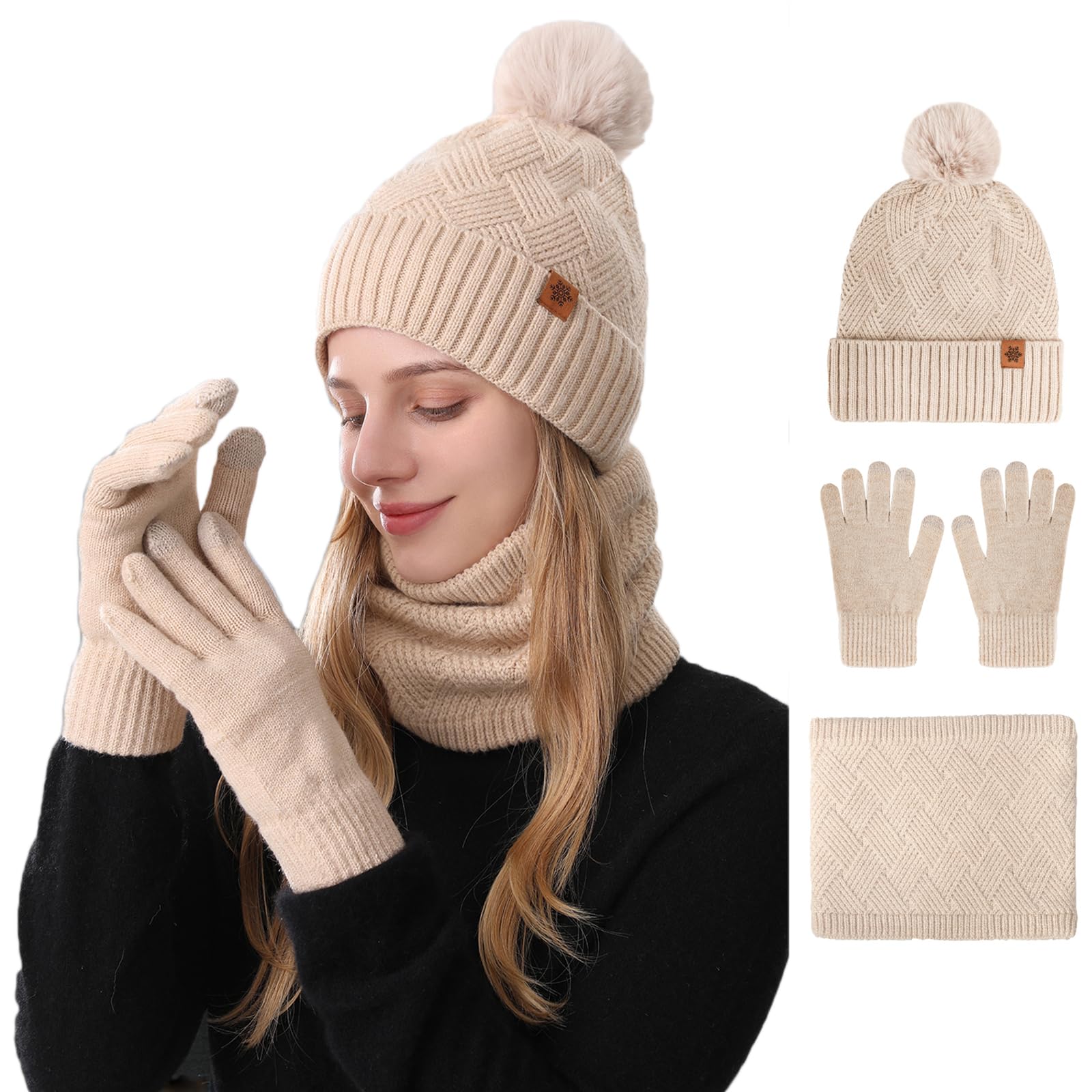 MAZELIKEHOOD Set Sciarpa Guanti Cappello Donna Inverno Caldo Cappello di Bobble con Sciarpa a Maglia e Guanti Tessuto Morbido e Comodo Accessori Moda Invernale Ideale per Regalo di Natale