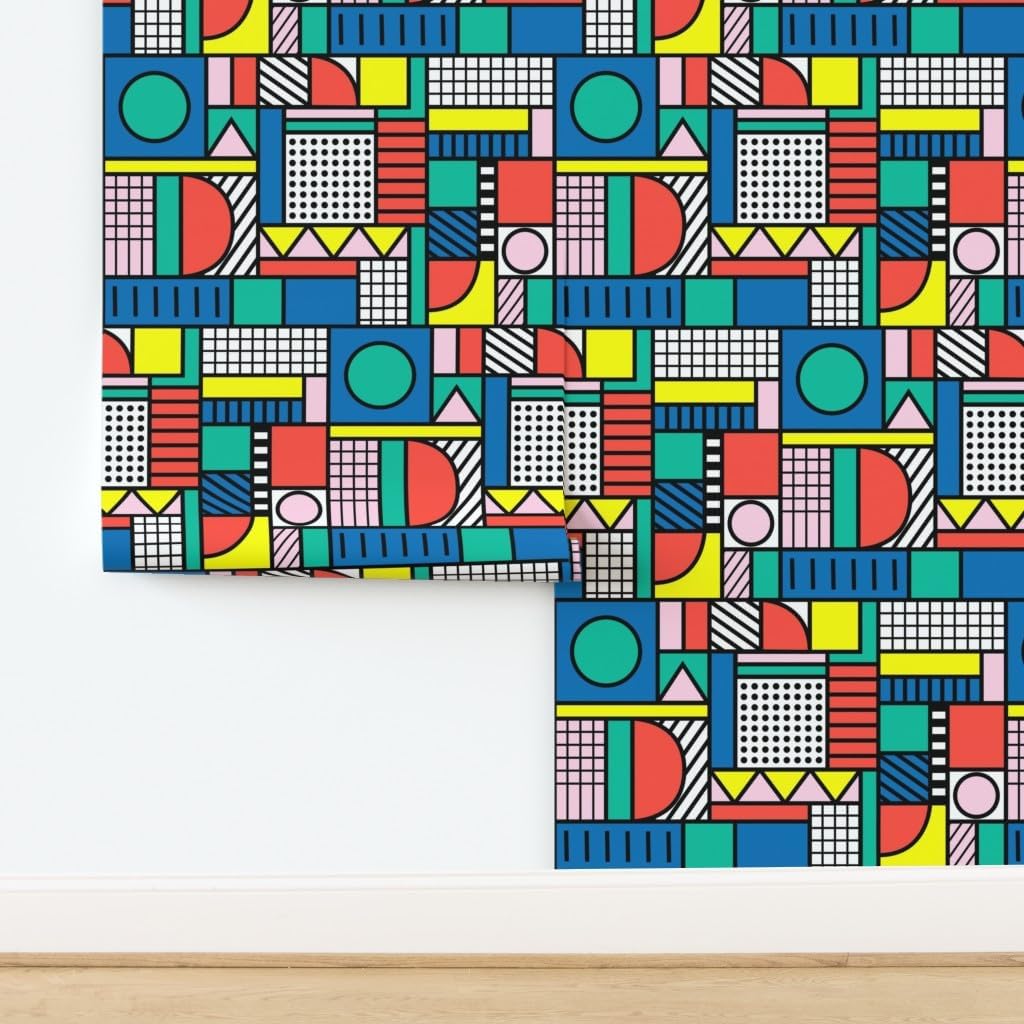 Peel & Stick Wallpaper 3ft x 2ft - Memphis Color Block Colors Bold Lines Black White Stripes Style Geometric Shapes Retro Squares Custom Removable Wallpaper by Spoonflower