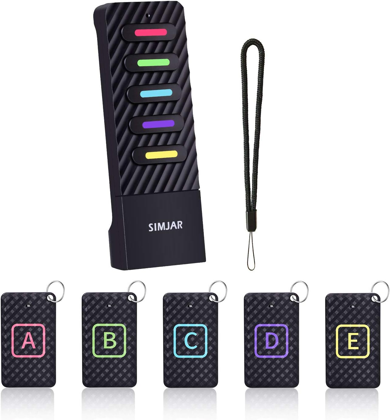 Upgraded Key Finder with Lanyard, Simjar Wireless RF Item Locator Tracker Support Remote Control, 1 RF Transmitter and 5 Receivers - Pet/Wallet/Phone/Gl Tracker