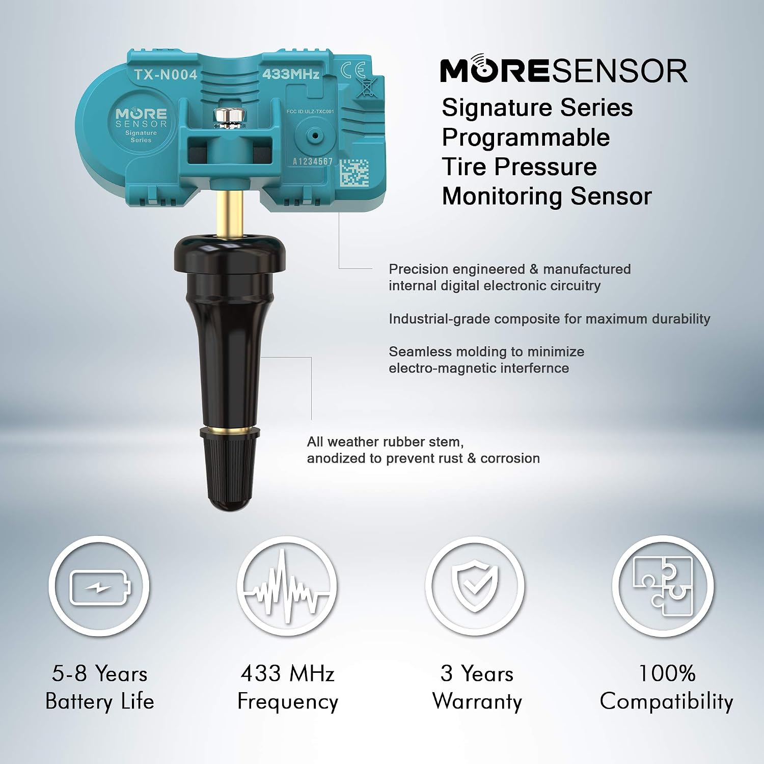 MORESENSOR Signature Series 433MHz TPMS Tire Pressure Sensor 4-Pack | Preprogrammed for Select 135+ European Brand Models | Replacement for 36106872774 36106877937 0009054104 | Snap-in | NX-S165-SN-4