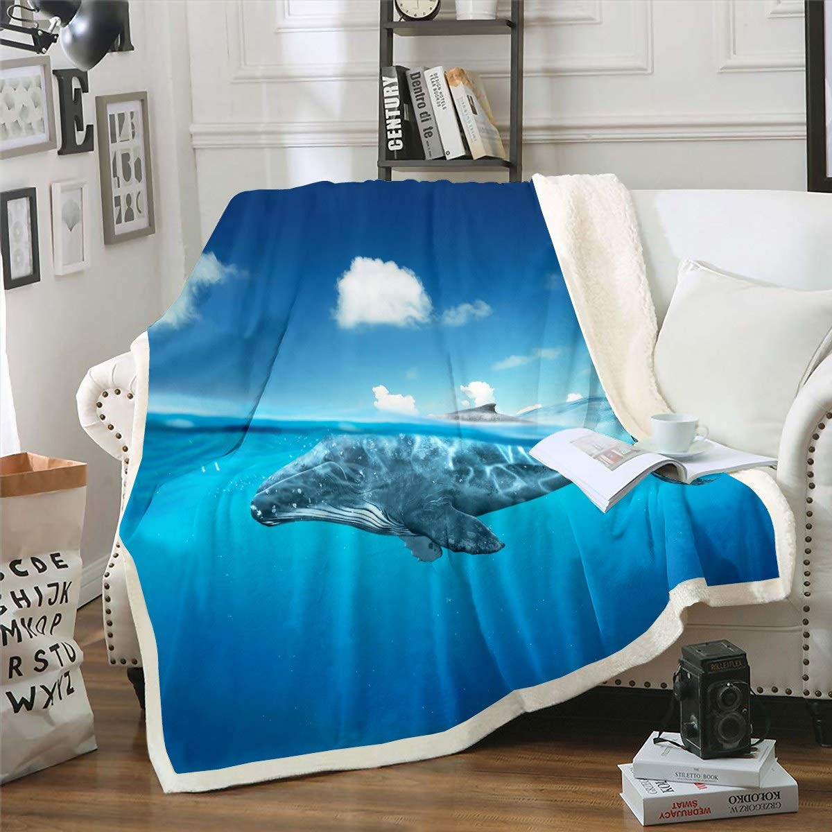 Whale Fleece Throw Blanket Ocean Wave Marine Life Sherpa Blanket for Kids Boys Girls 3D Whale Printed Plush Blanket Sea Aquatic Animal Fuzzy Blanket for Sofa Bed Couch Double 60x79 Inch,Blue