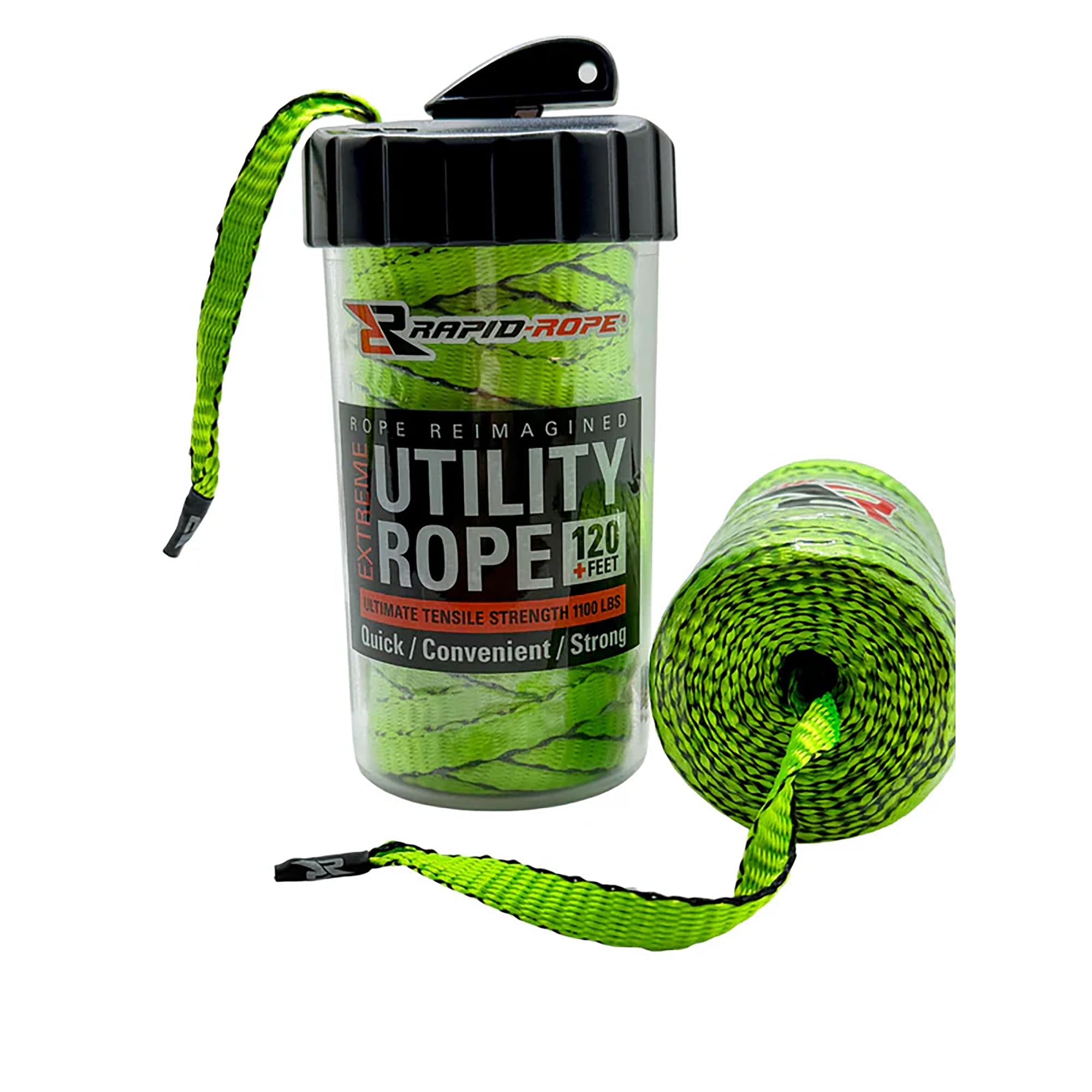 Rapid Rope Canister 120ft Neon Green Flat Tactical Paracord, Made in USA, 1100lb Tested Heavy Duty Poly Rope Test Cord, Non-Tangle Dispenser Included