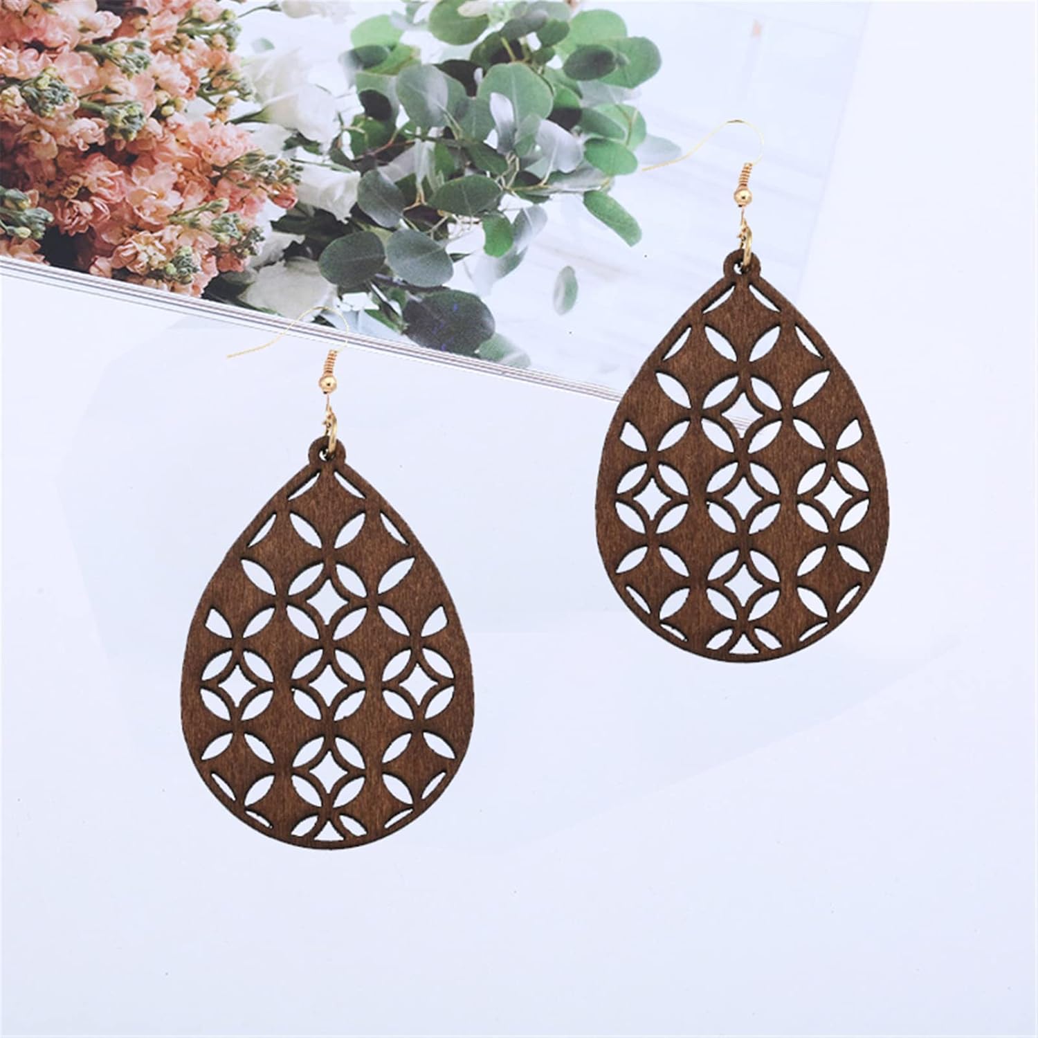 Bohemian Wooden Hollow African Earrings for Women Natural Light Weight Wood Teardrop Drop Dangle Hook Earrings - Image 6