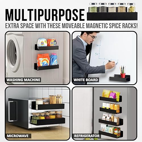 Miniatura 4 de Homestry - Paquete de 4 estantes magnéticos de metal grandes para organización de cocina, organizador y almacenamiento de especias, perfecto para