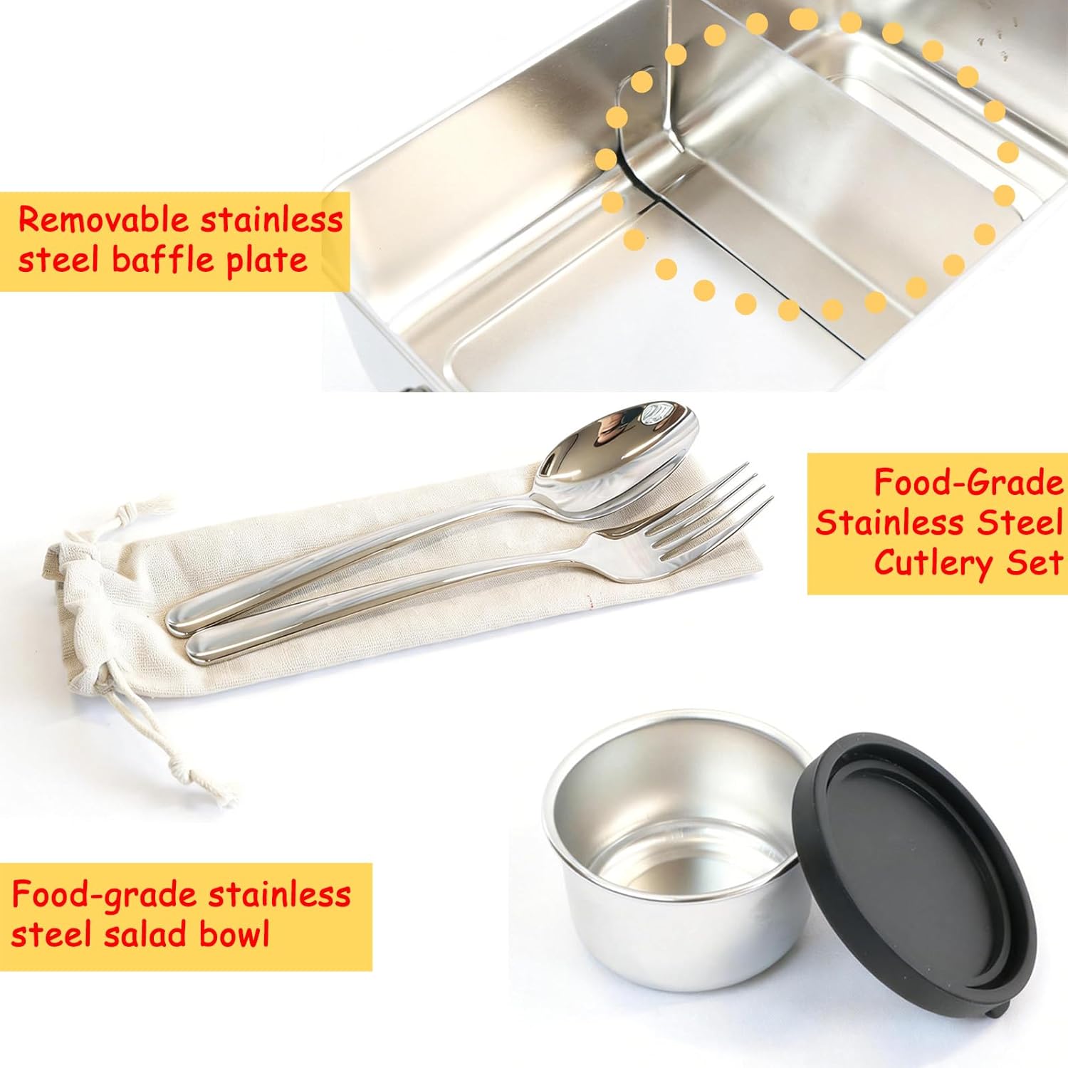 304 Stainless Steel Lunch Box, 47oz Leak-Proof Bento Box for Adults with Dipping Cup, Fork, Spoon & Insulated Bag, Eco-Friendly Meal Box for Travel and Work