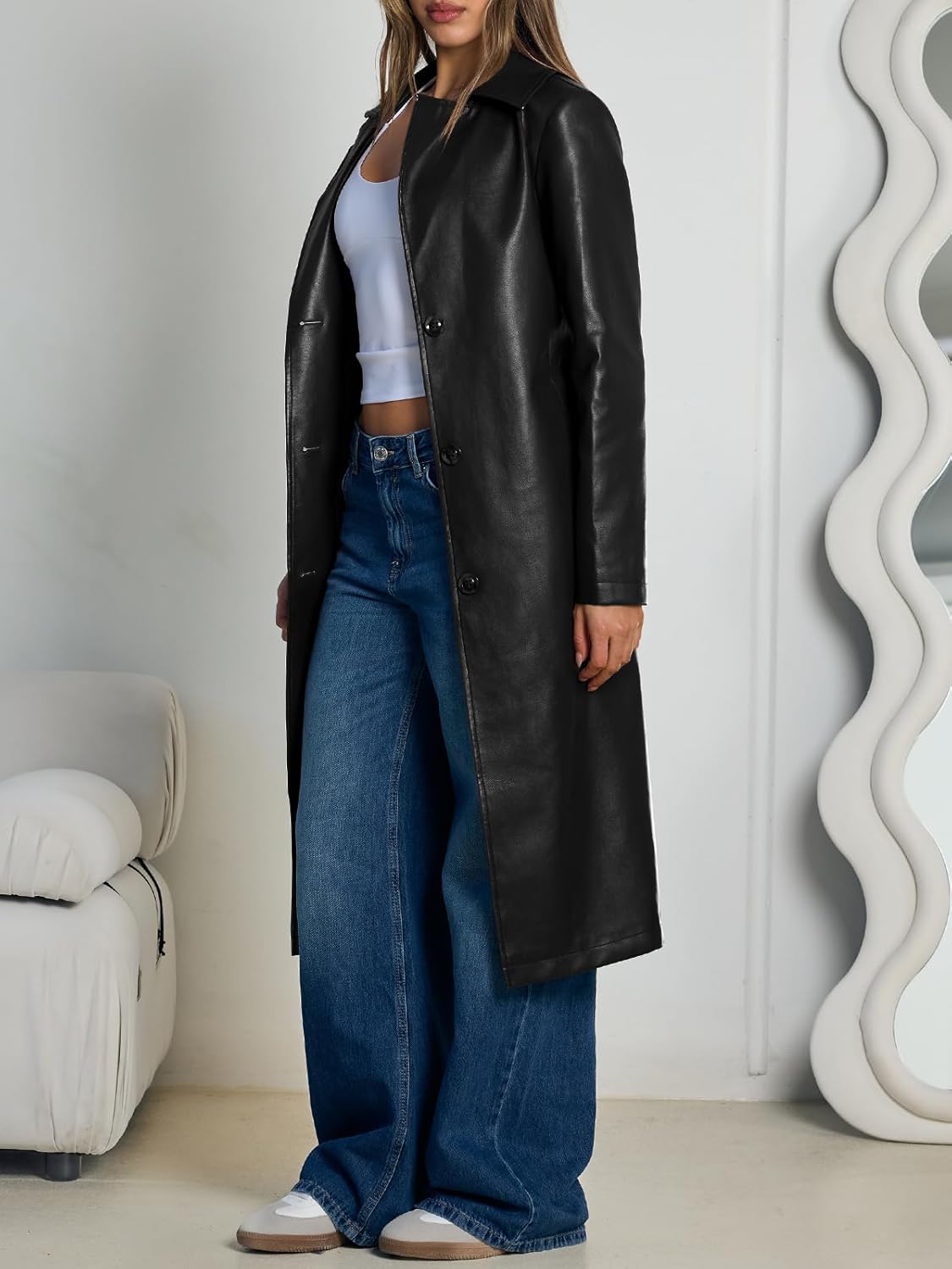 Trendy Queen Womens Long Leather Jackets Trench Coat Blazer Lapel Faux Open Front with Belt