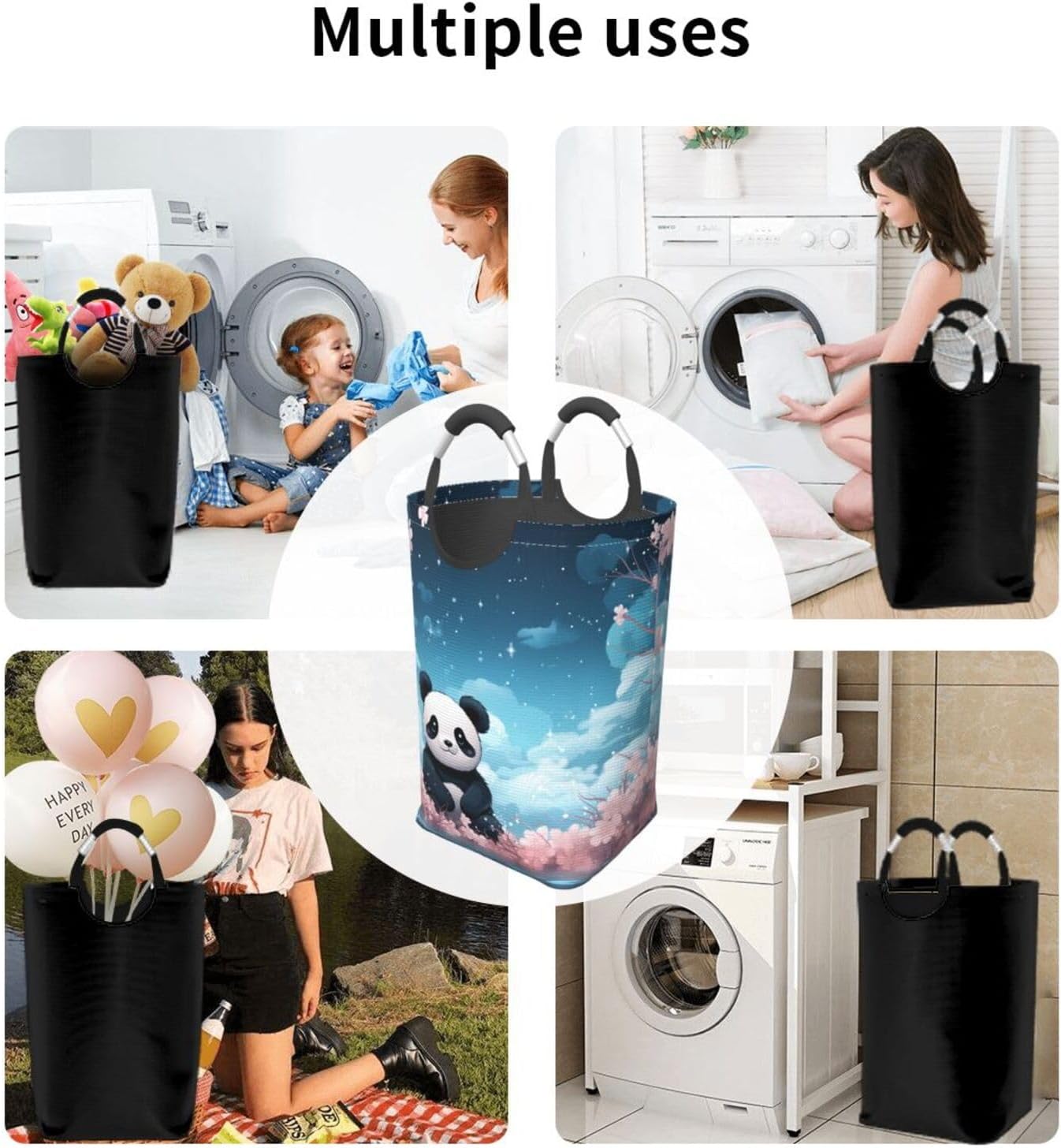 Laundry Basket Freestanding Panda Flower Laundry Hamper Collapsible Tall Clothes Hamper with Handles Dirty Clothes Basket for Dorm Bedroom Travel Camping Bathroom Baskets