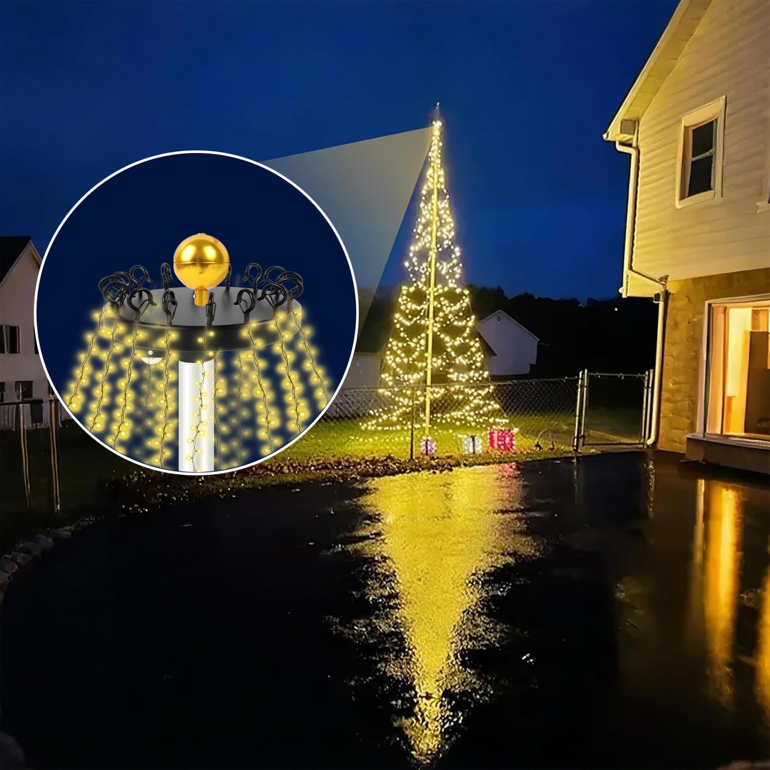 Tryly Christmas Tree Flag Pole Mega Topper Light Hook, Outdoor Telescoping Flagpole Tree Light Hooks Kit for Hanging Light Strings (Small)