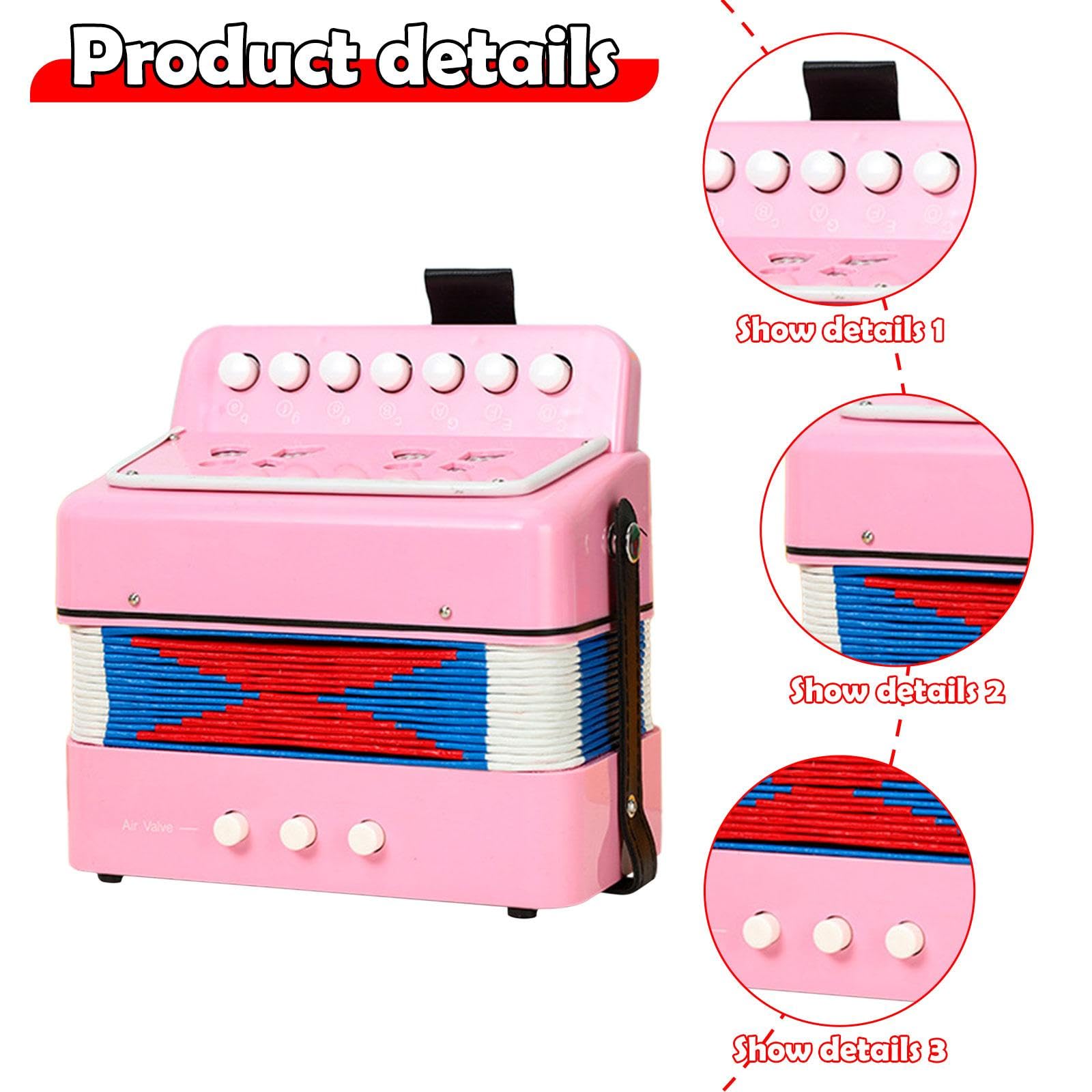 Oshhni Acordeón infantil de 7 teclas, instrumento musical ligero para entretenimiento musical, acordeón de juguete para niños, botón de 7 teclas para, Rosa