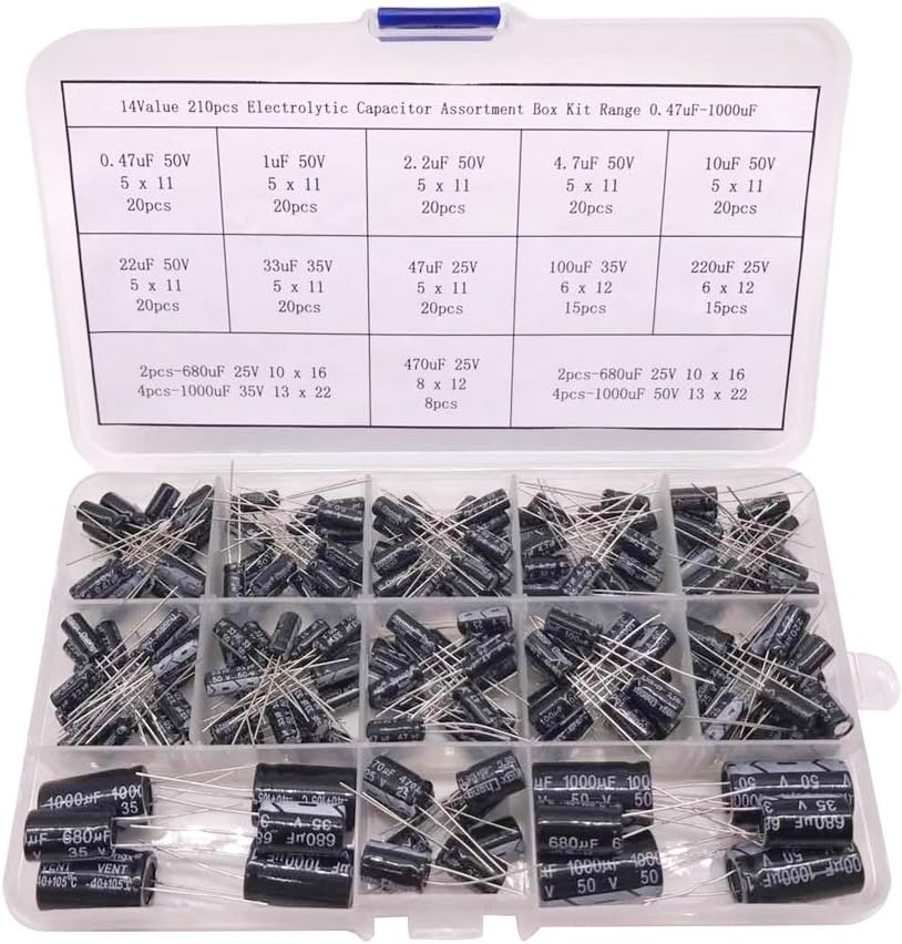 Visenta Electrolytic Capacitors Assortment Kit with Storage Box 0.47uF-1000uF, 14 Values 210 PCS