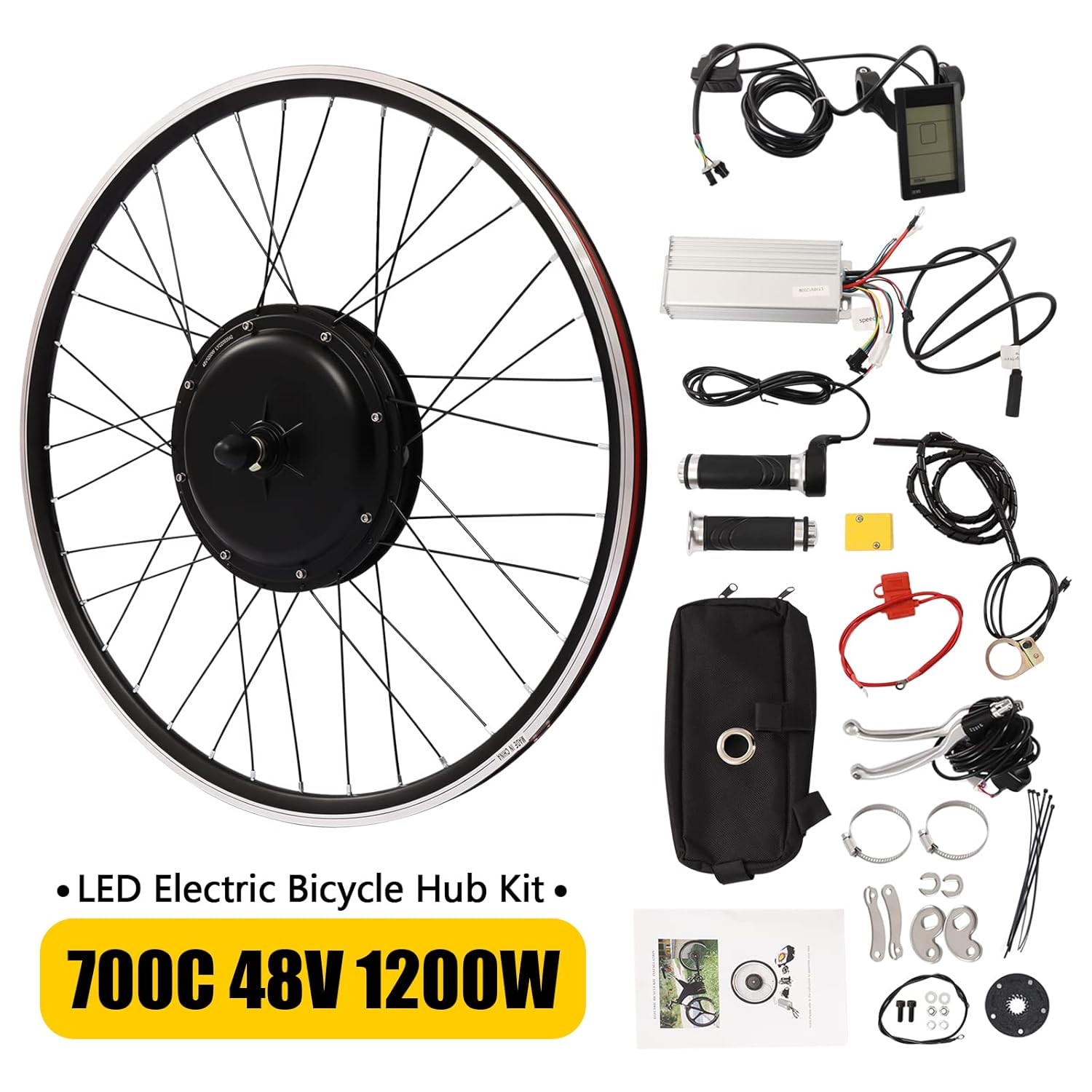 25in 48V 1200W Front Wheel Electric Bicycle Conversion Kit Ebike Hub Motor Conversion Kit with LCD Display for 700 * 32c-42c Bike, for Disc Brake