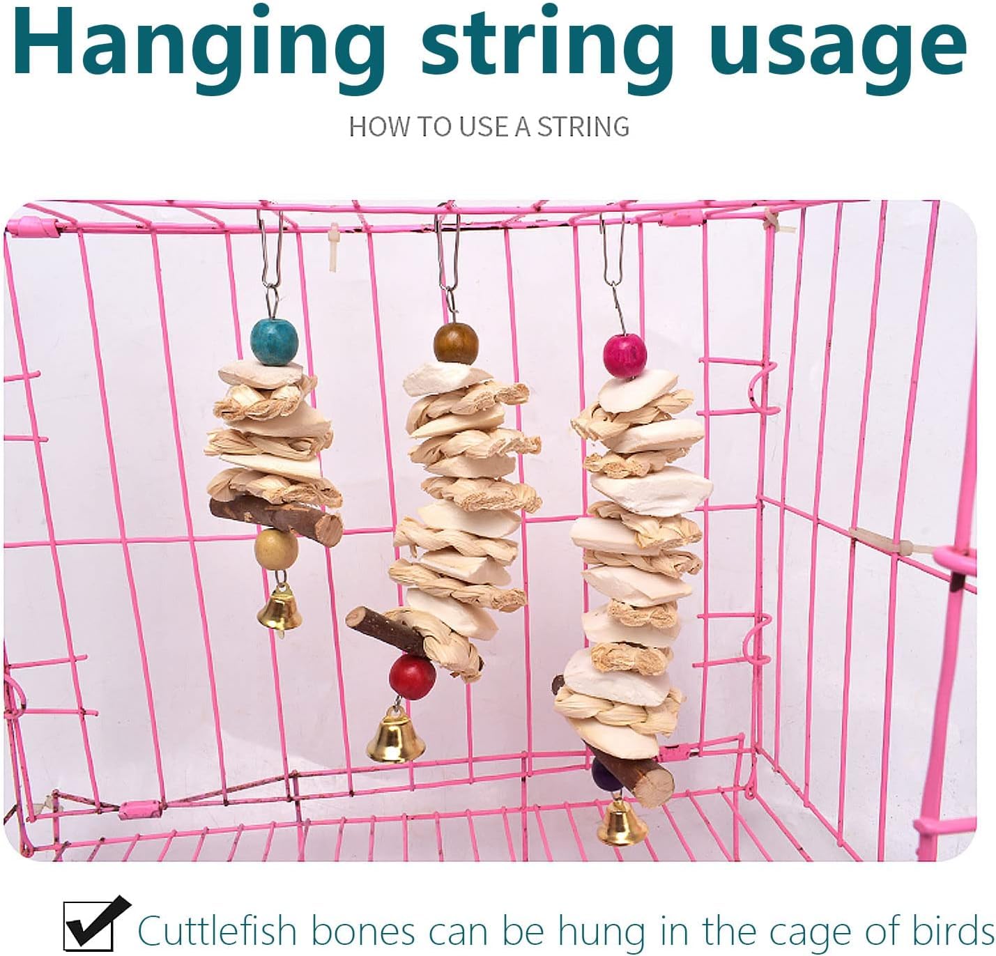 Newsmy 2 Pack Parrot Chewing Toys with Natural Cuttlefish Bone and Apple Stick, Hanging Bird Toys for Budgie Cockatiel and Parakeet, Calcium and Beak Care Toy — view 7